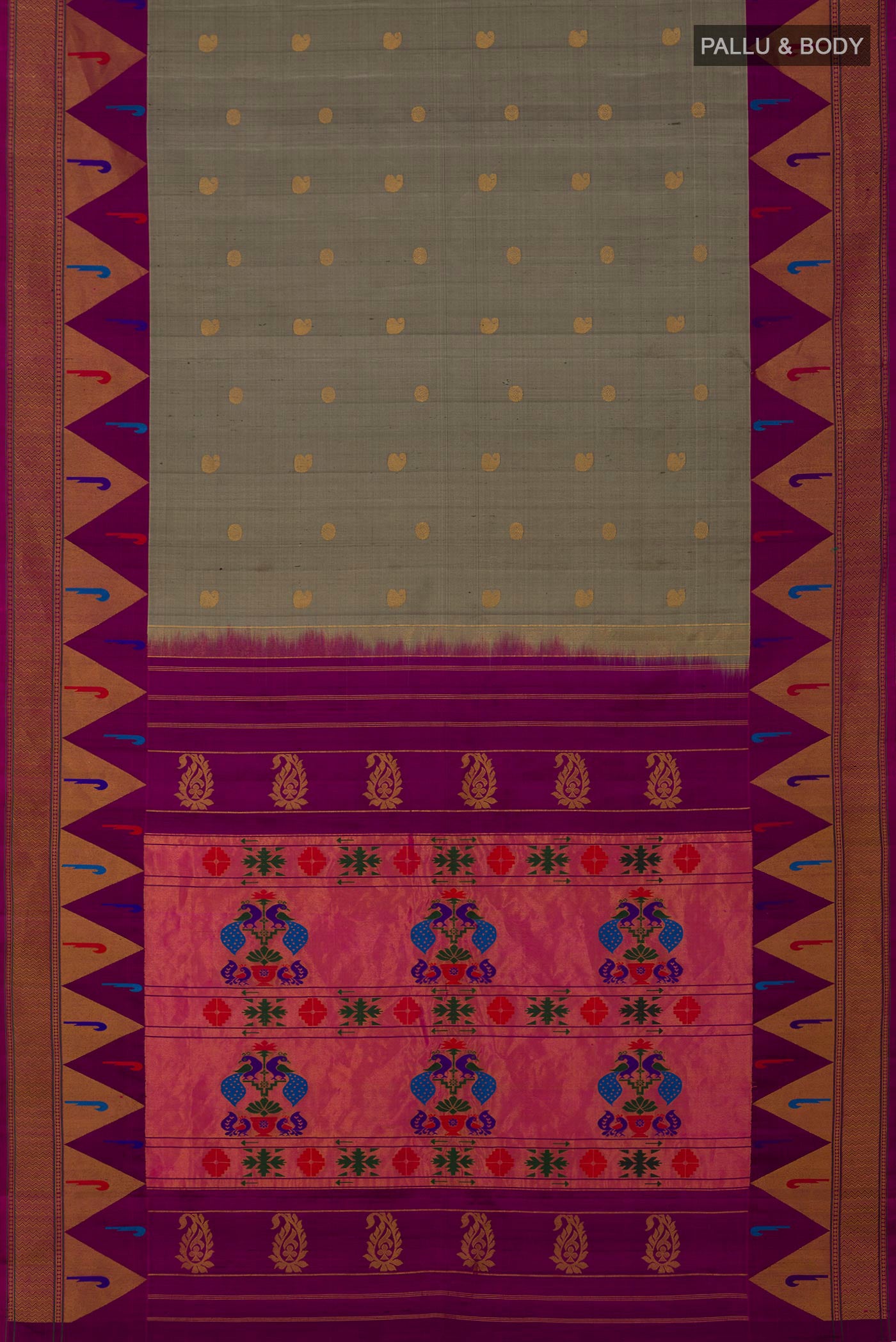Flat view of Grey Gadwal Silk Saree with Zari Butta on the body and Fancy Border. 