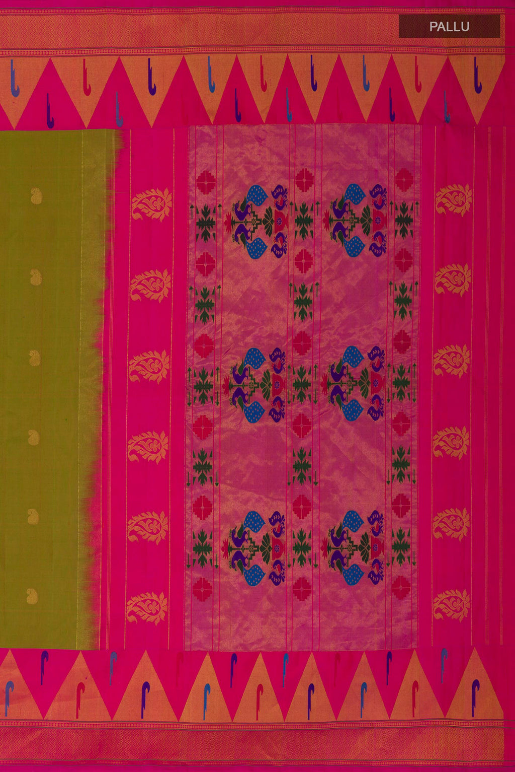 Close up image of the pallu of Green Gadwal Silk Saree with Zari Butta on the body and Paithani Border. 