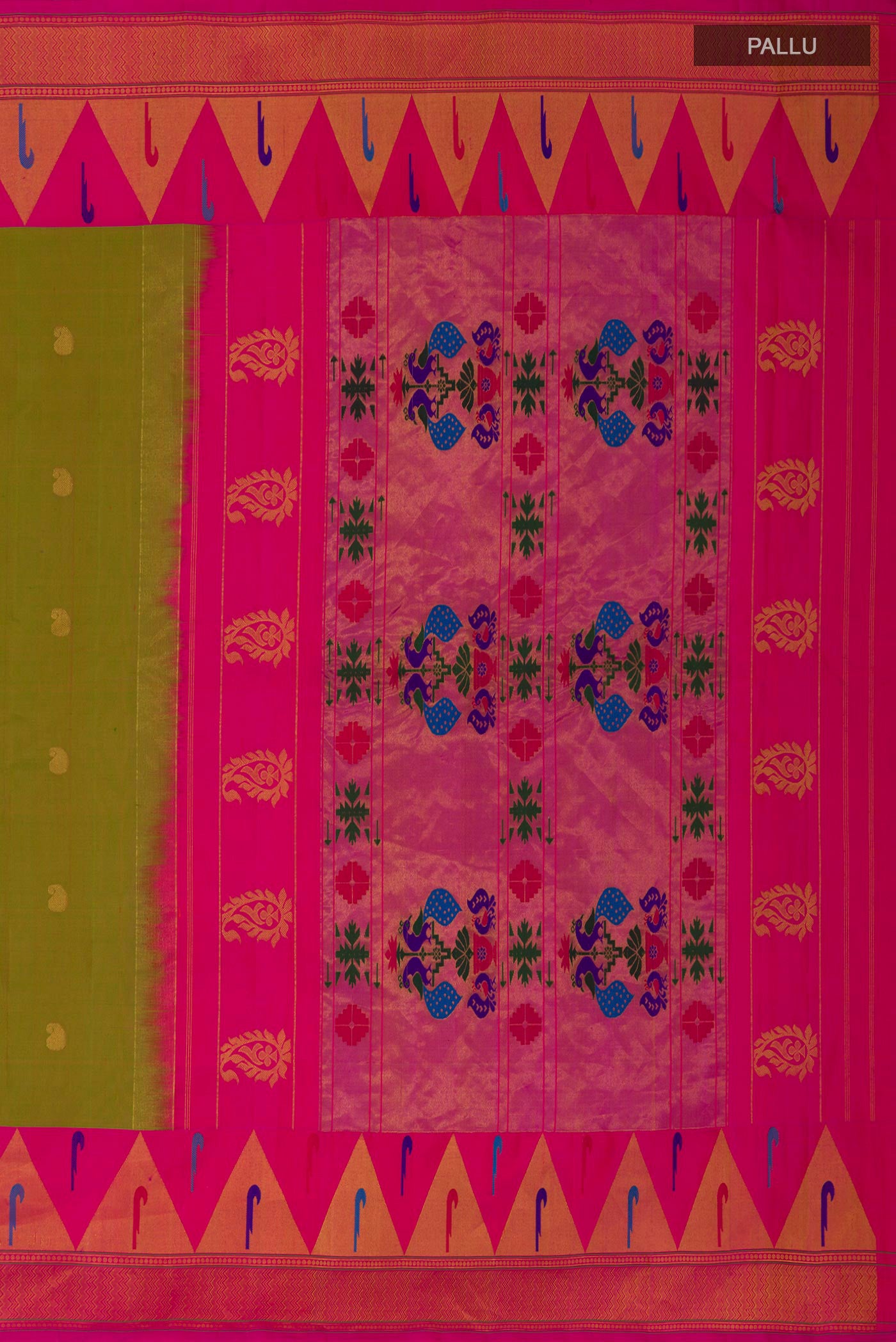 Close up image of the pallu of Green Gadwal Silk Saree with Zari Butta on the body and Paithani Border. 