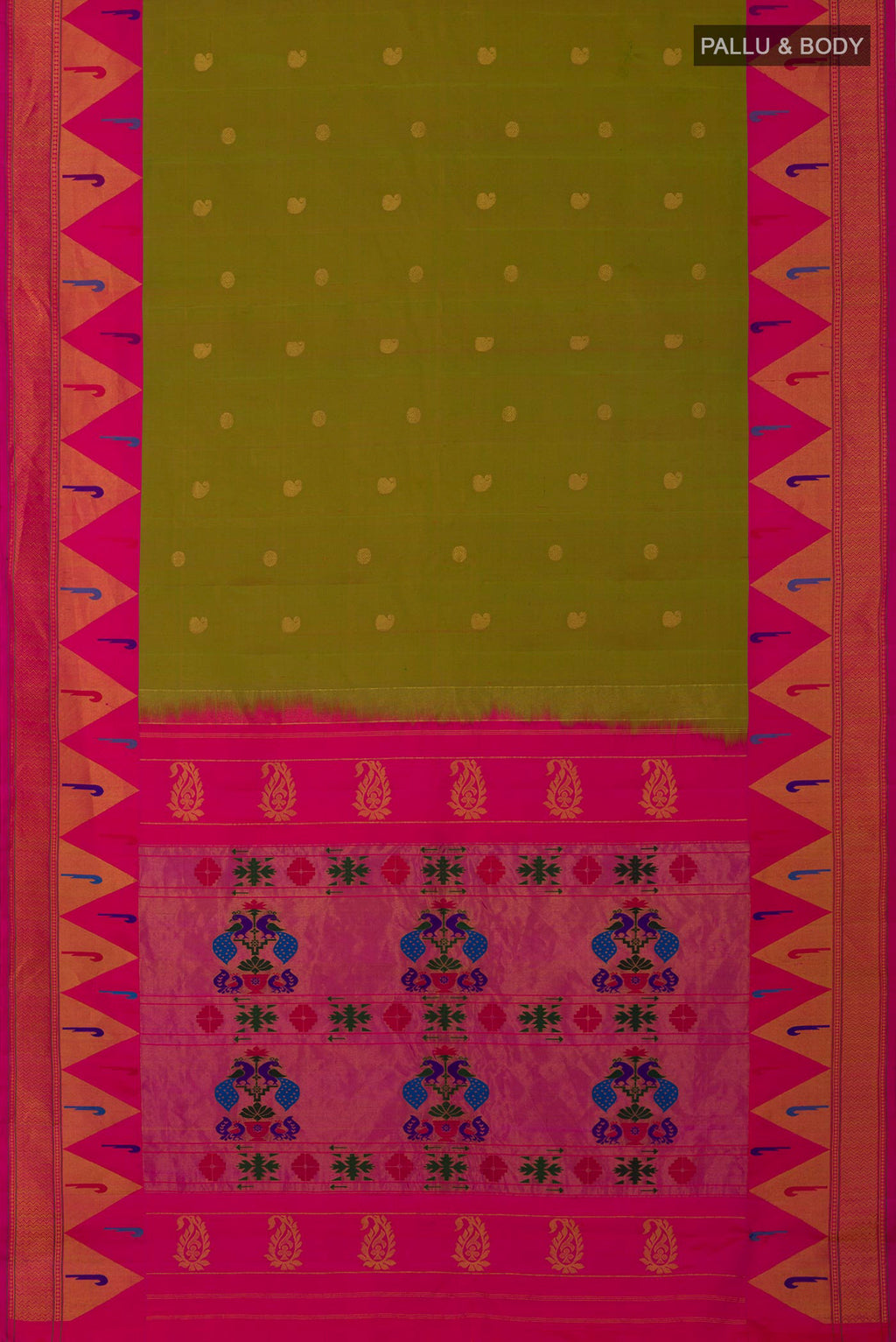 Flat view of Green Gadwal Silk Saree with Zari Butta on the body and Paithani Border. 