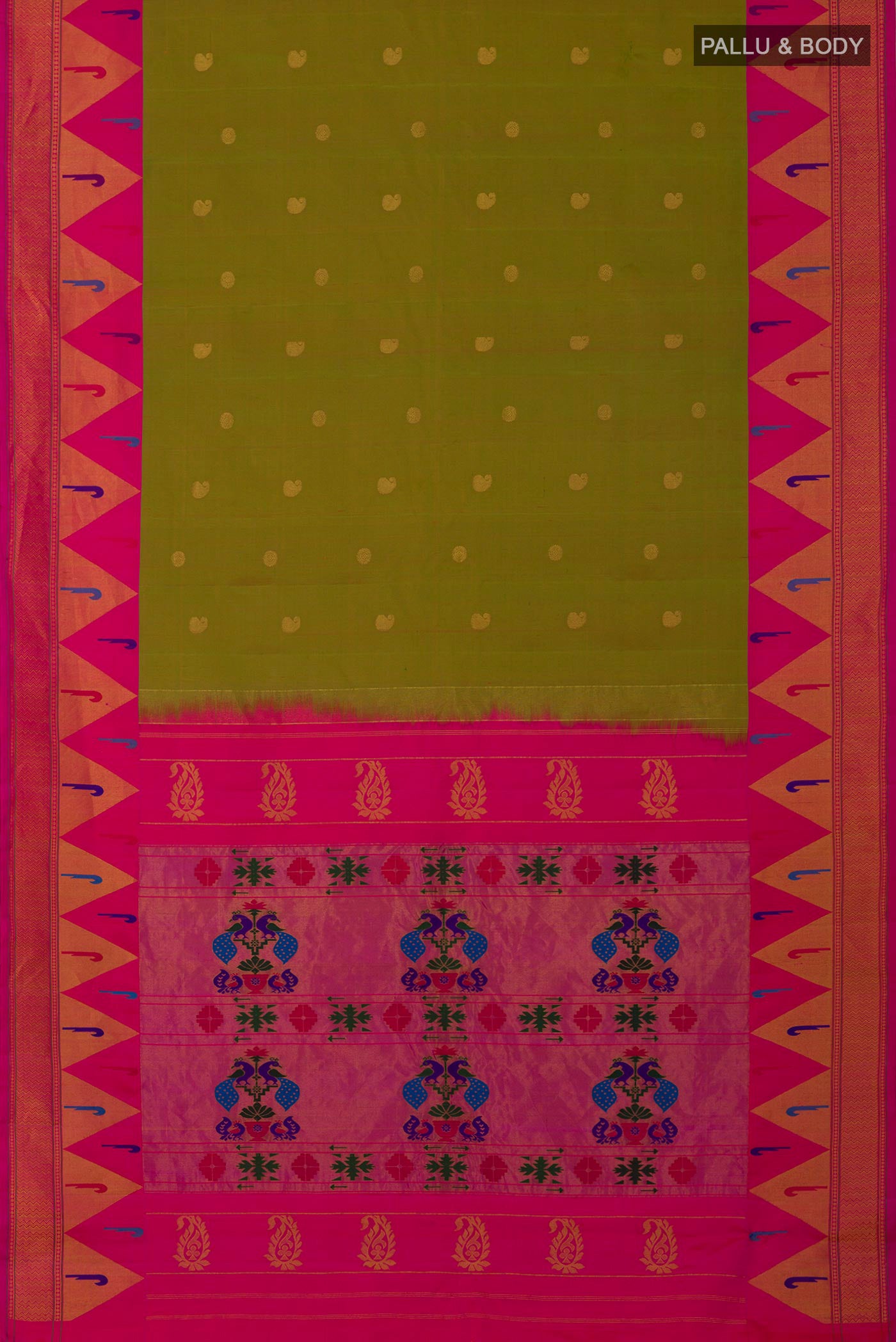 Flat view of Green Gadwal Silk Saree with Zari Butta on the body and Paithani Border. 