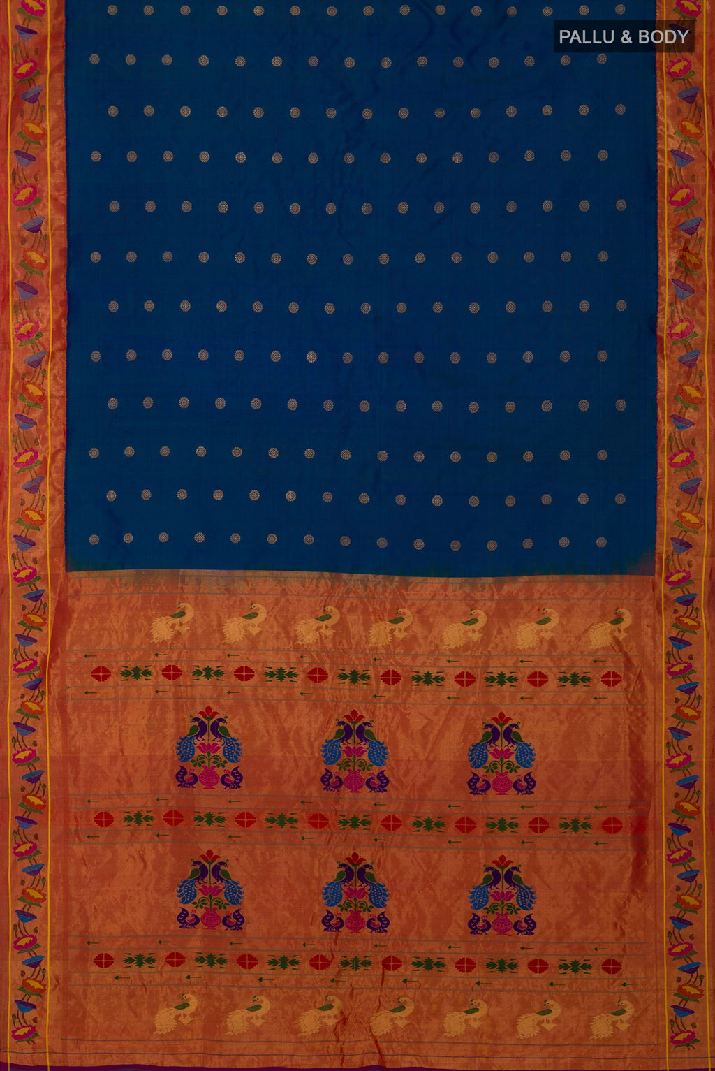 Flat view of Blue Gadwal Silk Saree with Zari Butta on the body and Paithani Border. 