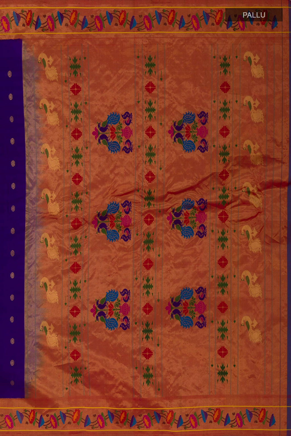 Close up image of the pallu of Blue Gadwal Silk Saree with Zari Butta on the body and Paithani Border. 