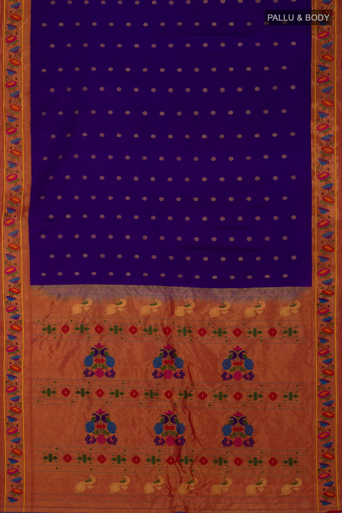 Flat view of Blue Gadwal Silk Saree with Zari Butta on the body and Paithani Border. 