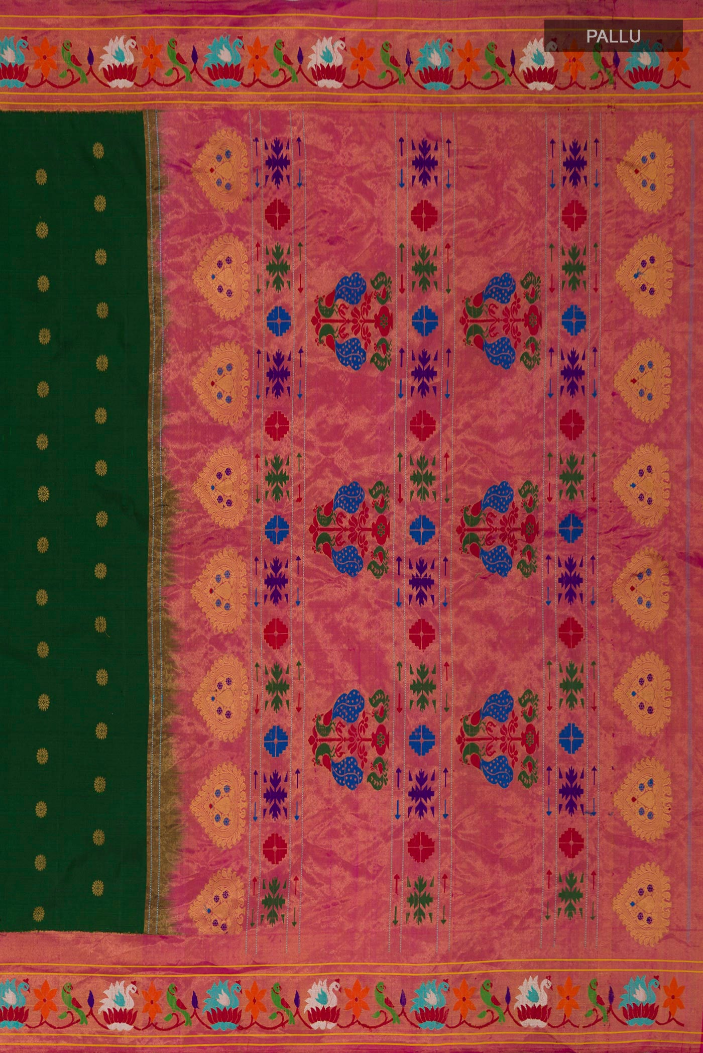 Close up image of the pallu of Green Gadwal Silk Saree with Zari Butta on the body and Paithani Border. 