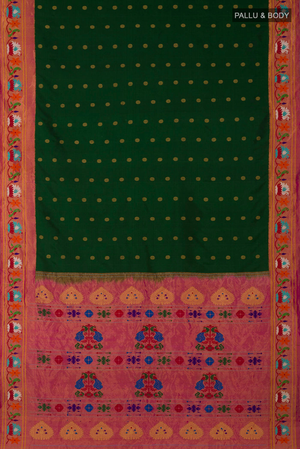 Flat view of Green Gadwal Silk Saree with Zari Butta on the body and Paithani Border. 
