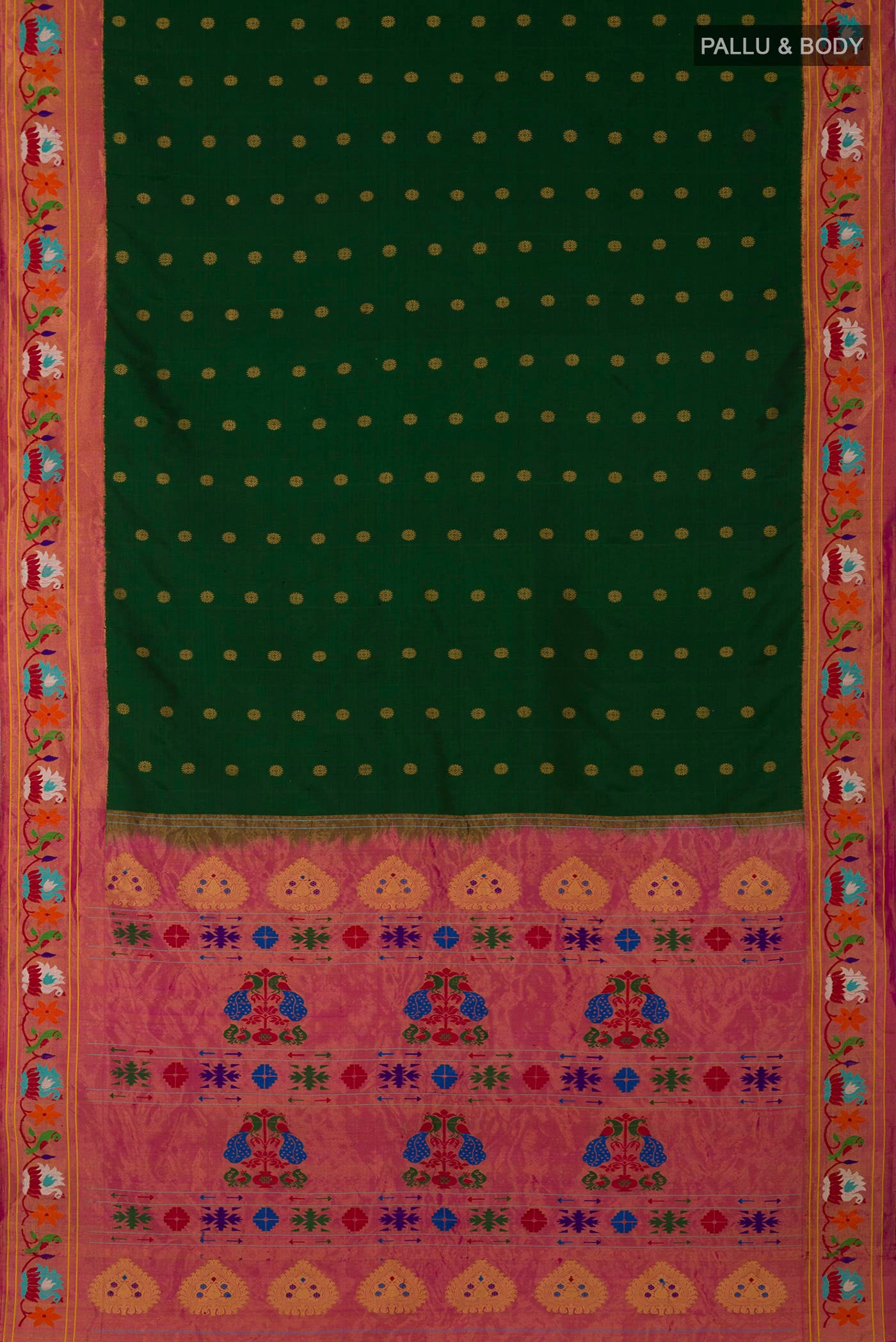 Flat view of Green Gadwal Silk Saree with Zari Butta on the body and Paithani Border. 
