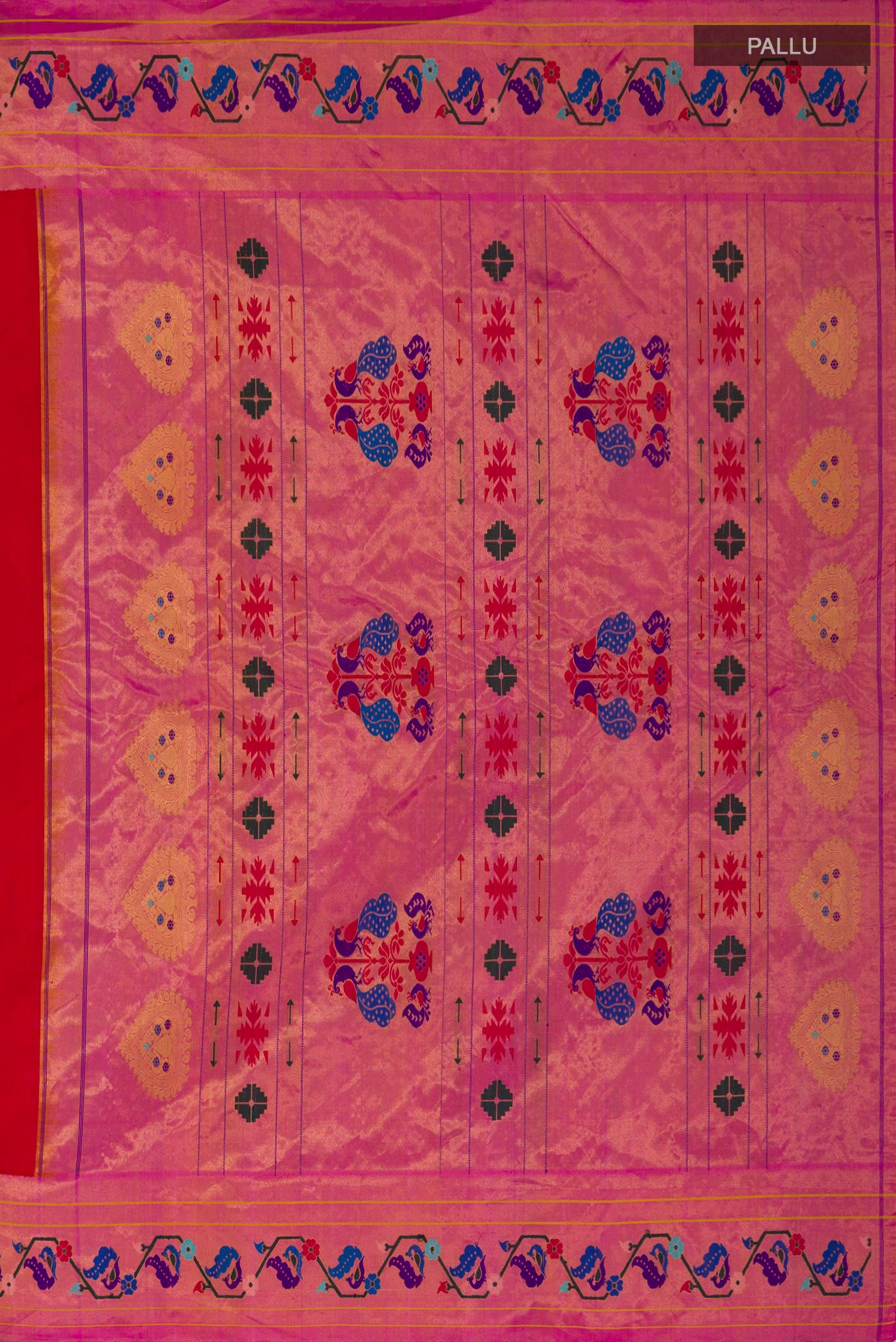 Close up image of the pallu of Red Gadwal Silk Saree with Zari Butta on the body and Paithani Border. 