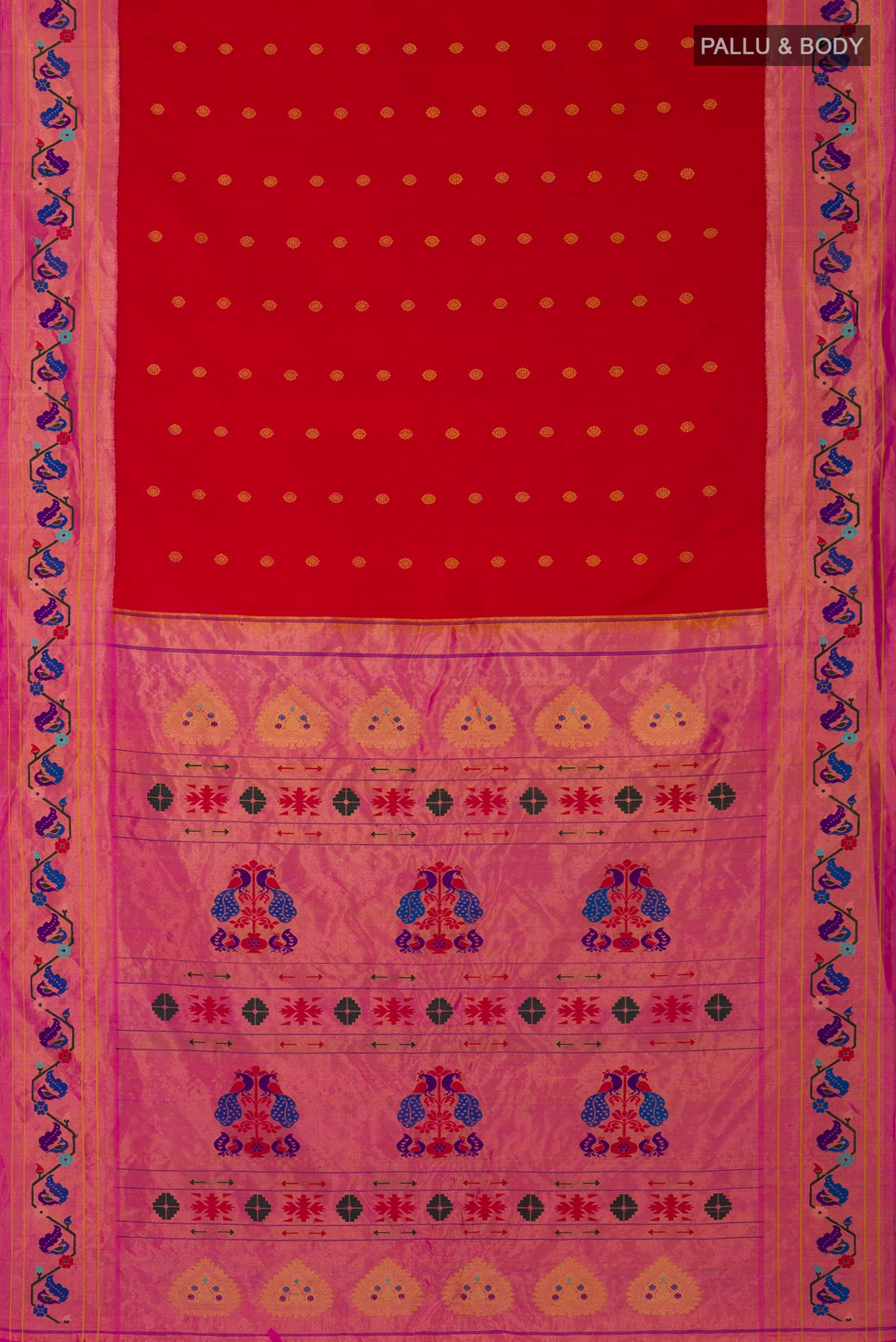 Flat view of Red Gadwal Silk Saree with Zari Butta on the body and Paithani Border. 