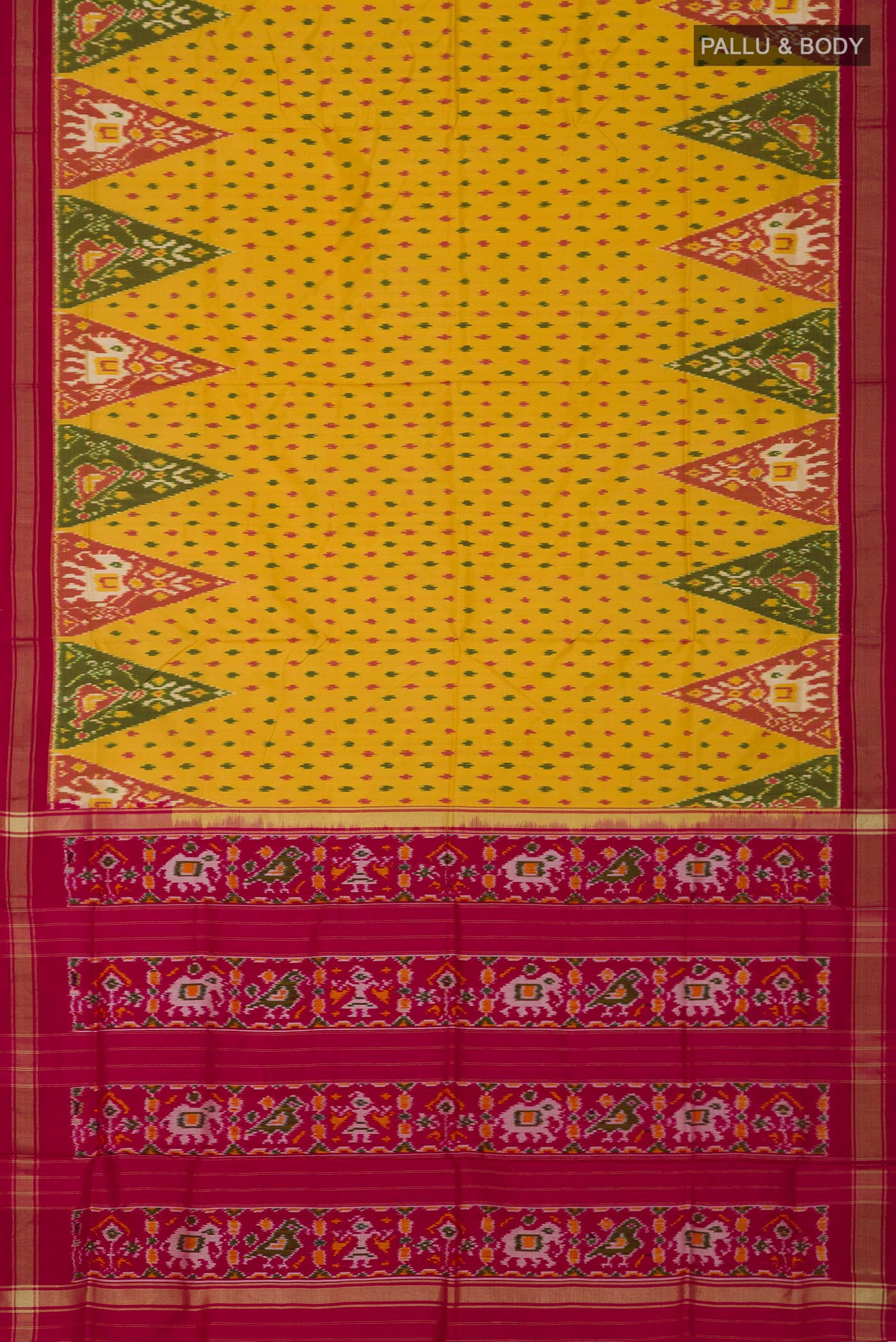 Flat view of Yellow Pochampally Silk Saree with Ikat design on the body and Thin Zari Line. 