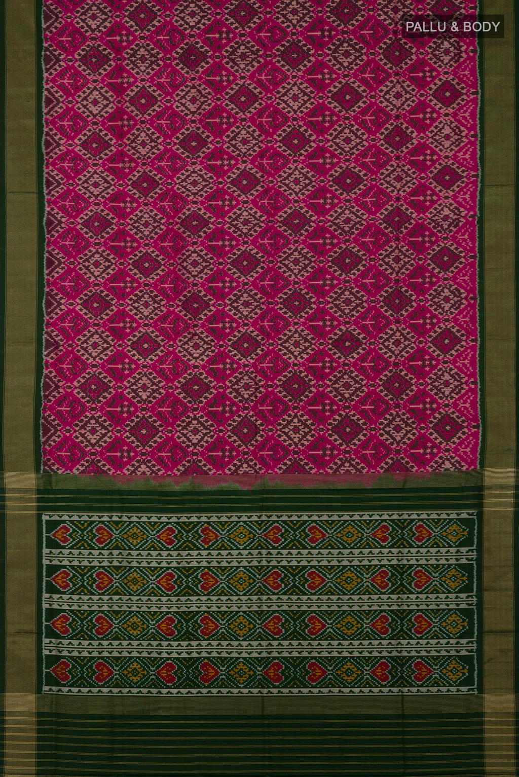 Flat view of Pink Pochampally Saree with Ikat Print on the body and Zari Border. 