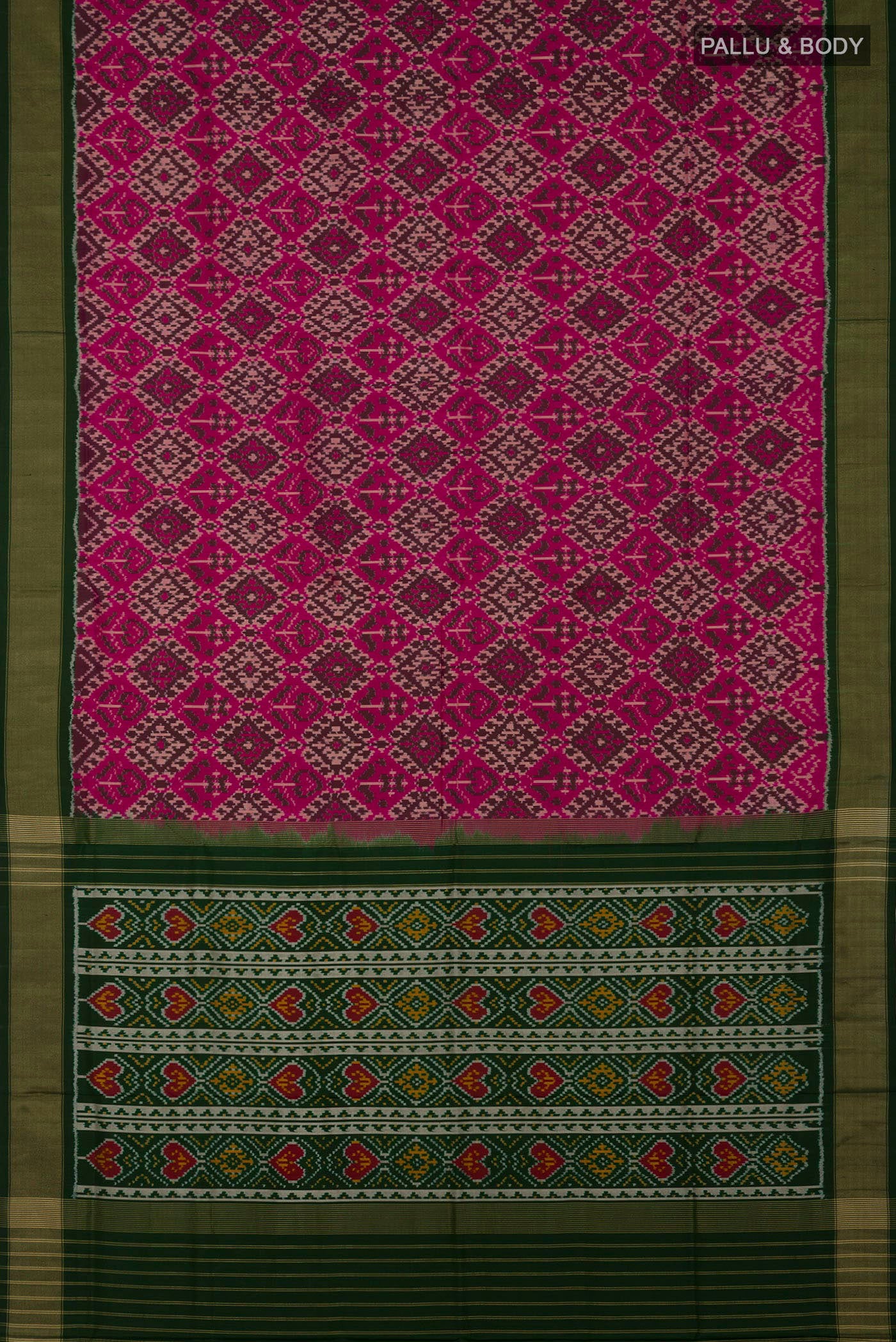 Flat view of Pink Pochampally Saree with Ikat Print on the body and Zari Border. 