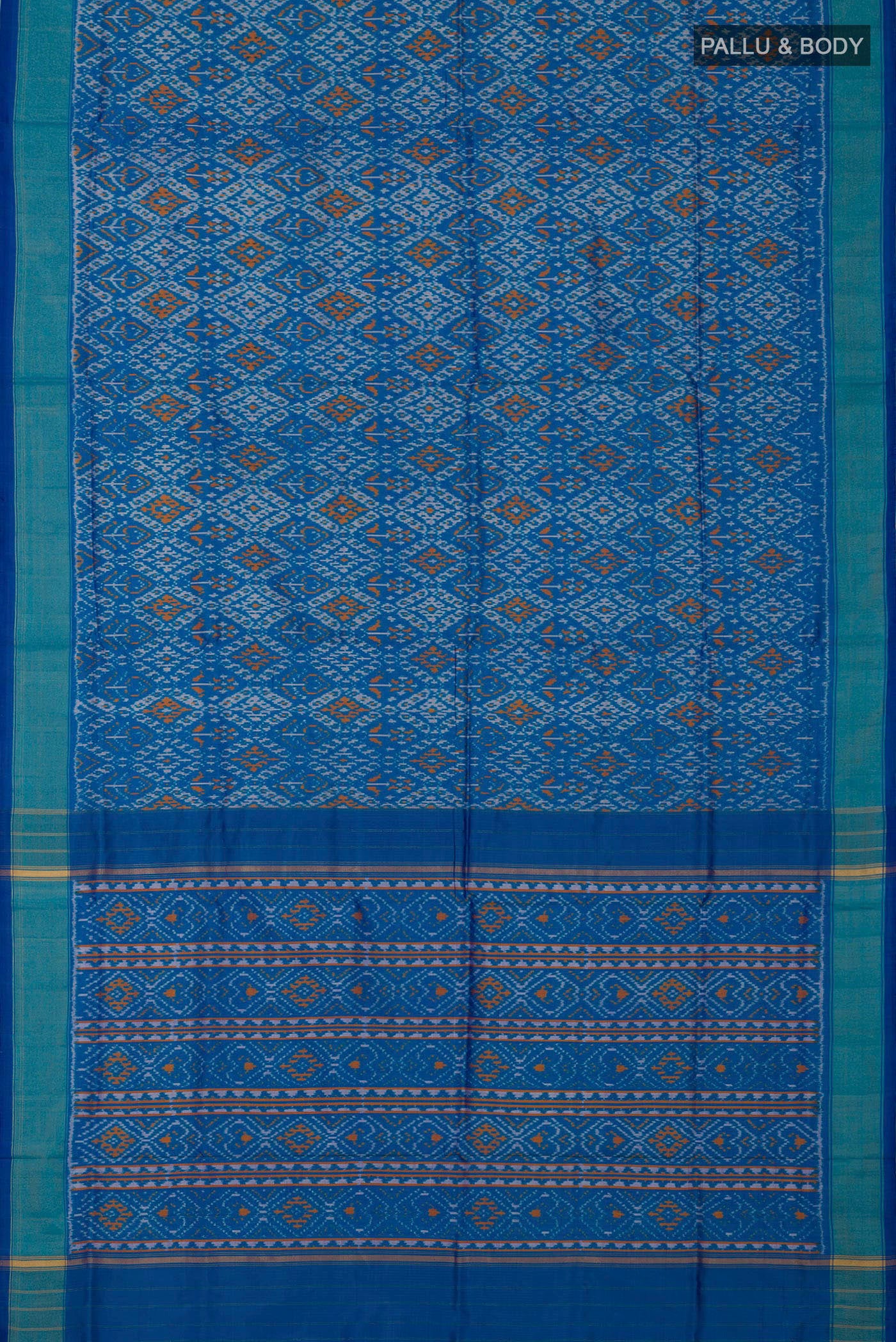 Flat view of Blue Pochampally Silk Saree with Ikat design on the body and Zari Border. 