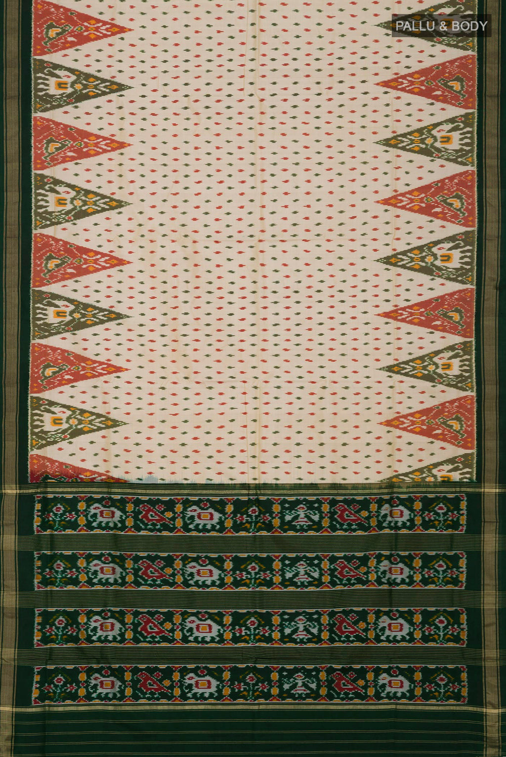 Flat view of Cream Pochampally Saree with Ikat Print on the body and Thin Zari Line. 