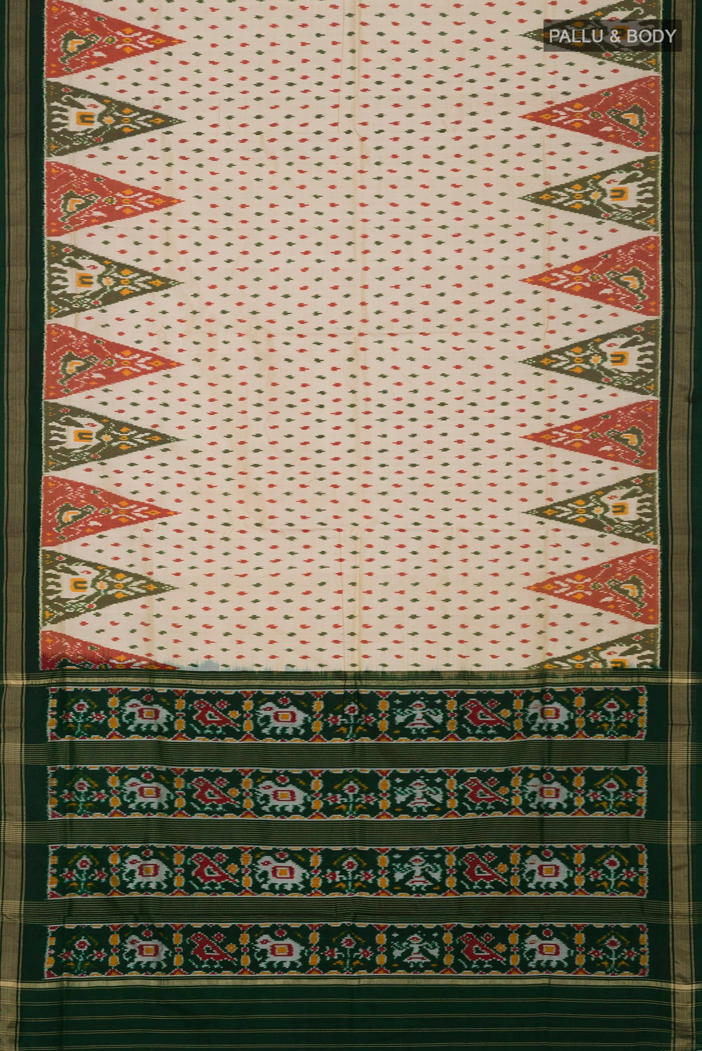 Flat view of Cream Pochampally Saree with Ikat Print on the body and Thin Zari Line. 