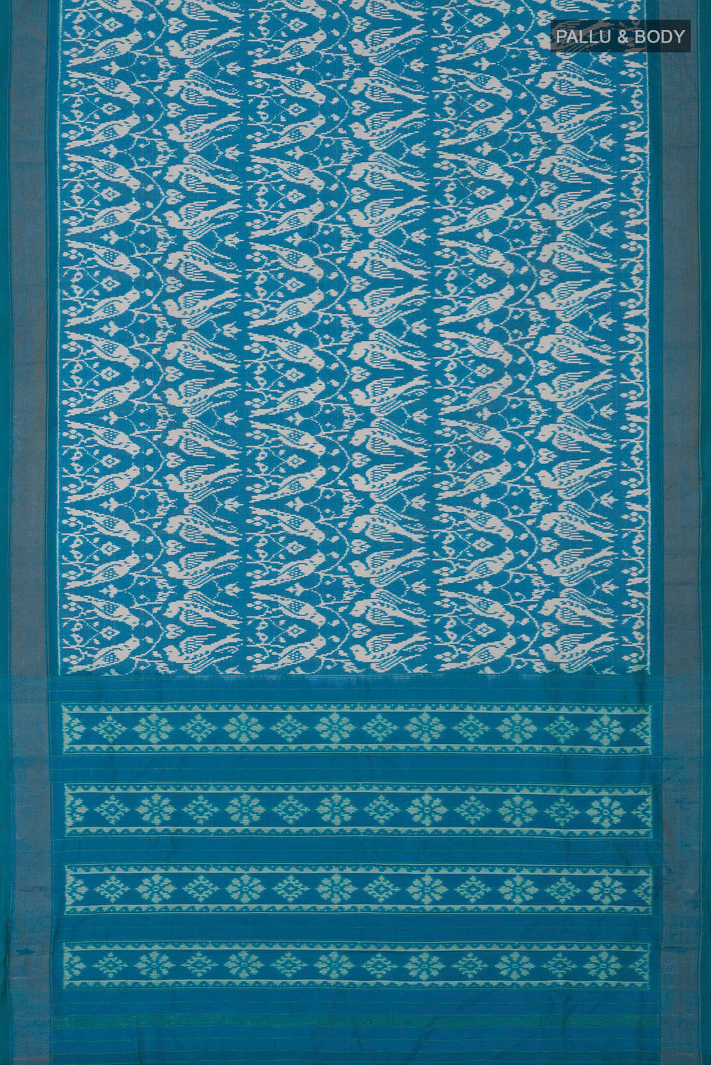 Flat view of Sky Blue Pochampally Saree with Ikat design on the body and Zari Border. 