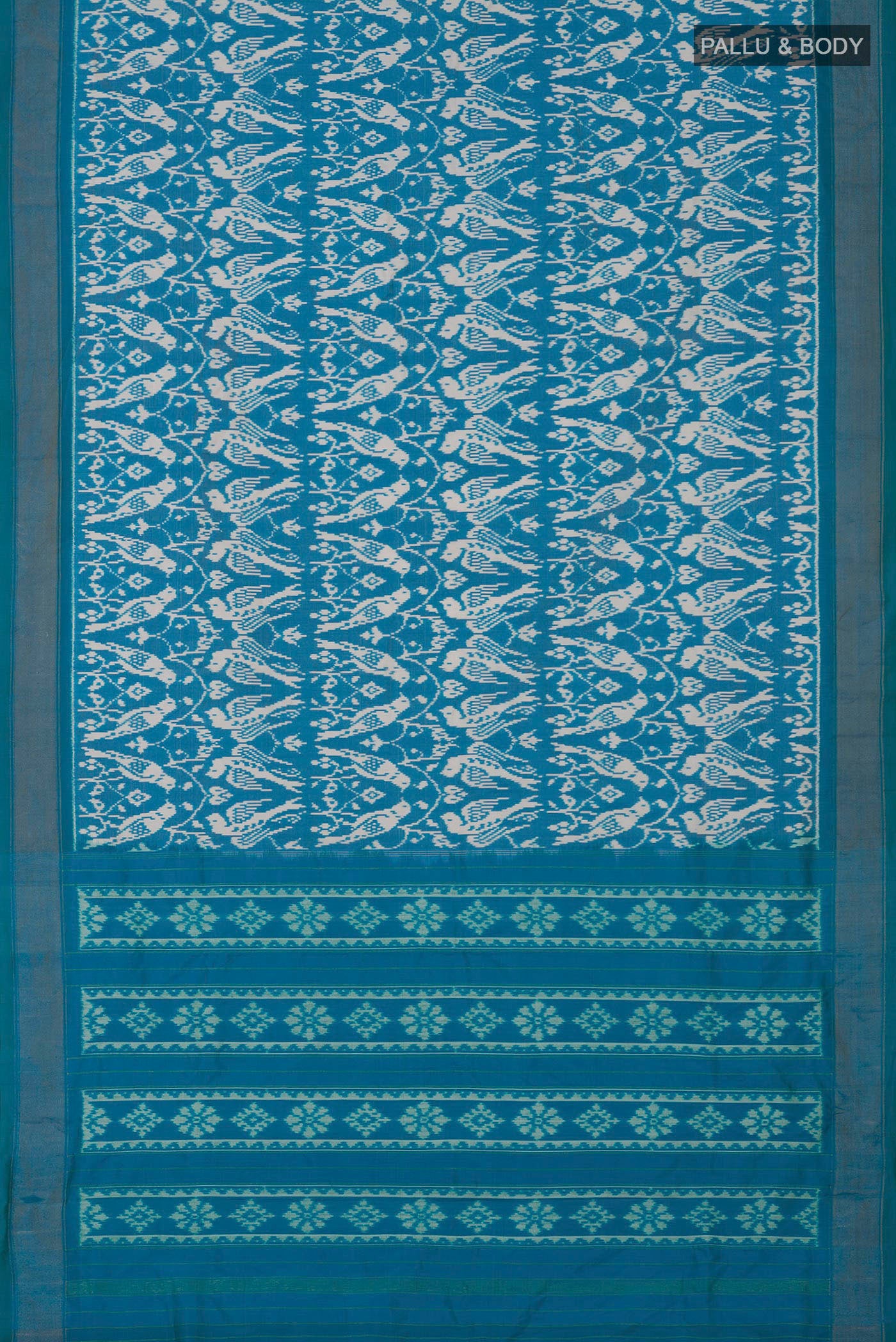 Flat view of Sky Blue Pochampally Saree with Ikat design on the body and Zari Border. 