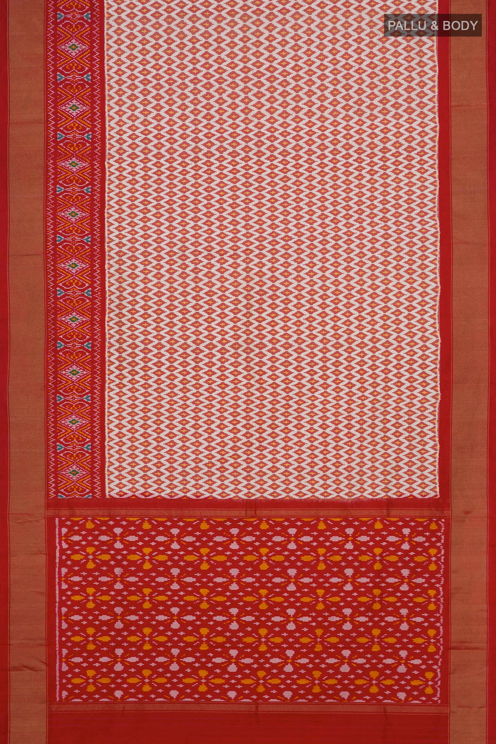Flat view of Cream Pochampally Saree with Ikat design on the body and Ikat Border. 