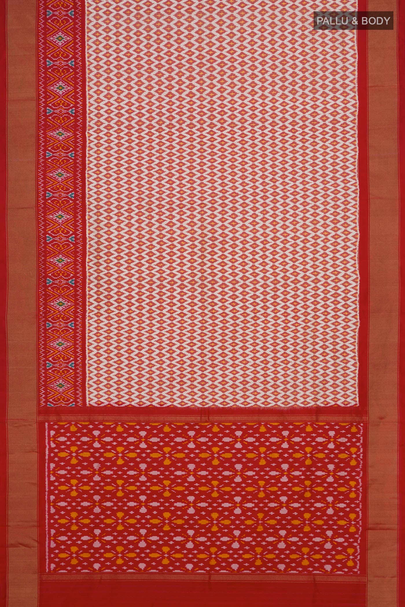 Flat view of Cream Pochampally Saree with Ikat design on the body and Ikat Border. 
