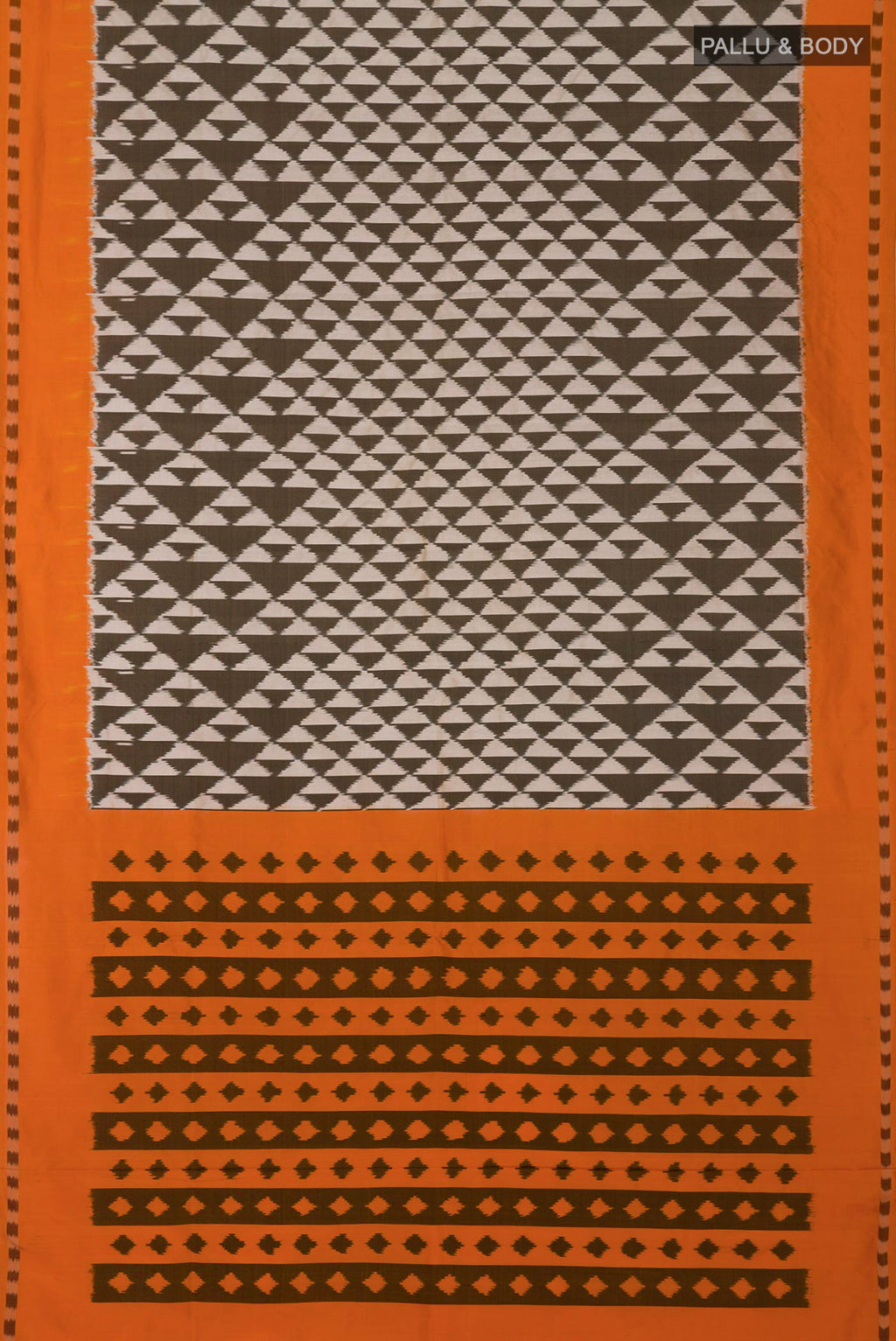 Flat view of Cream Pochampally Silk Saree with Ikat design on the body and Plain Border. 