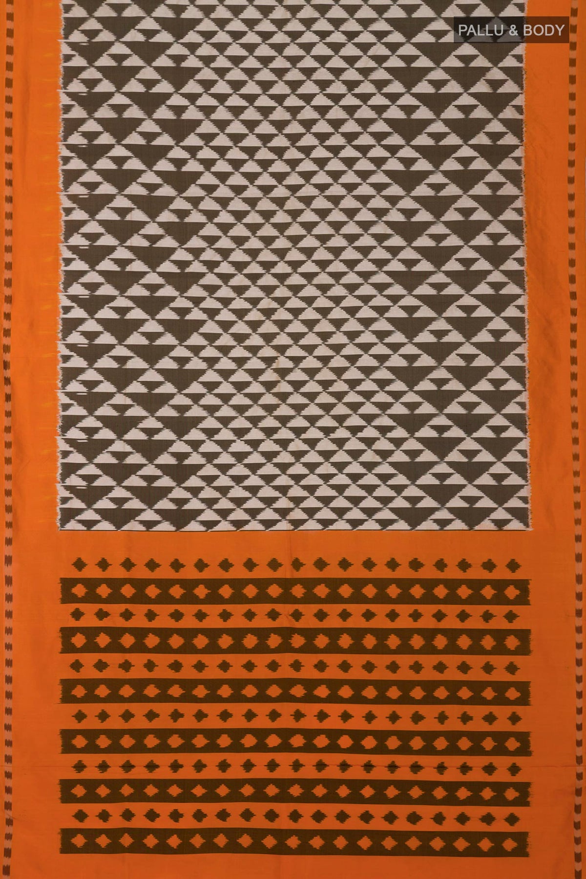 Flat view of Cream Pochampally Silk Saree with Ikat design on the body and Plain Border. 