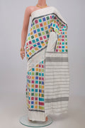White Pochampally Silk Saree with Ikat design on the body and Plain Border.  displayed on a mannequin