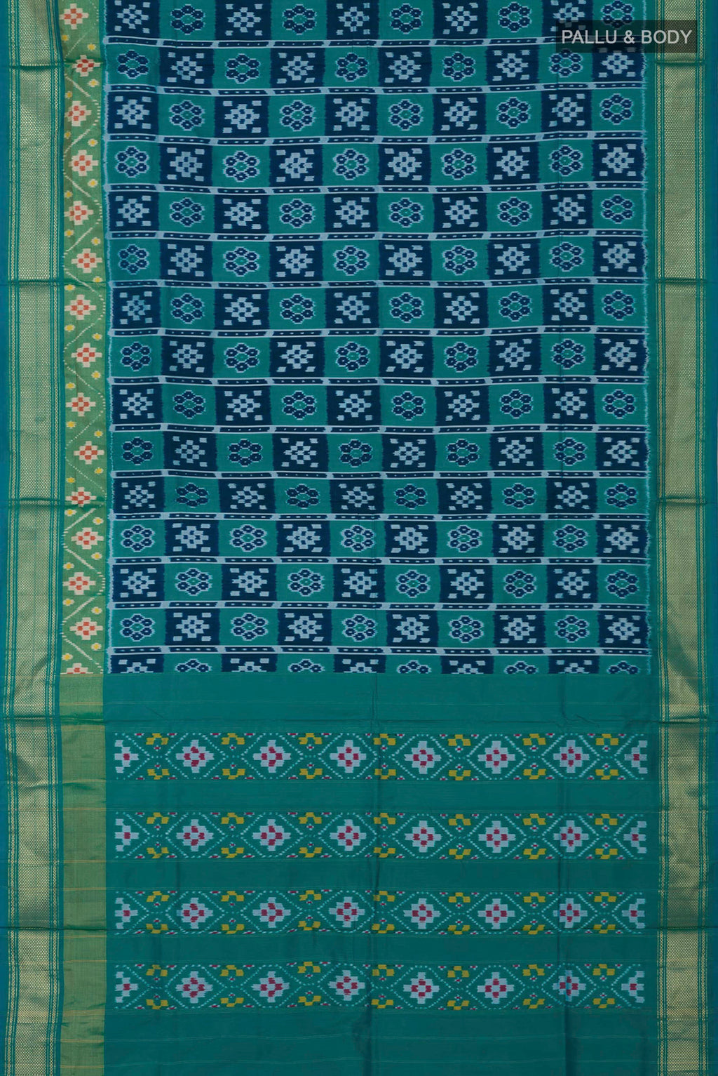 Flat view of Green Pochampally Silk Saree with Ikat design on the body and Zari Border. 
