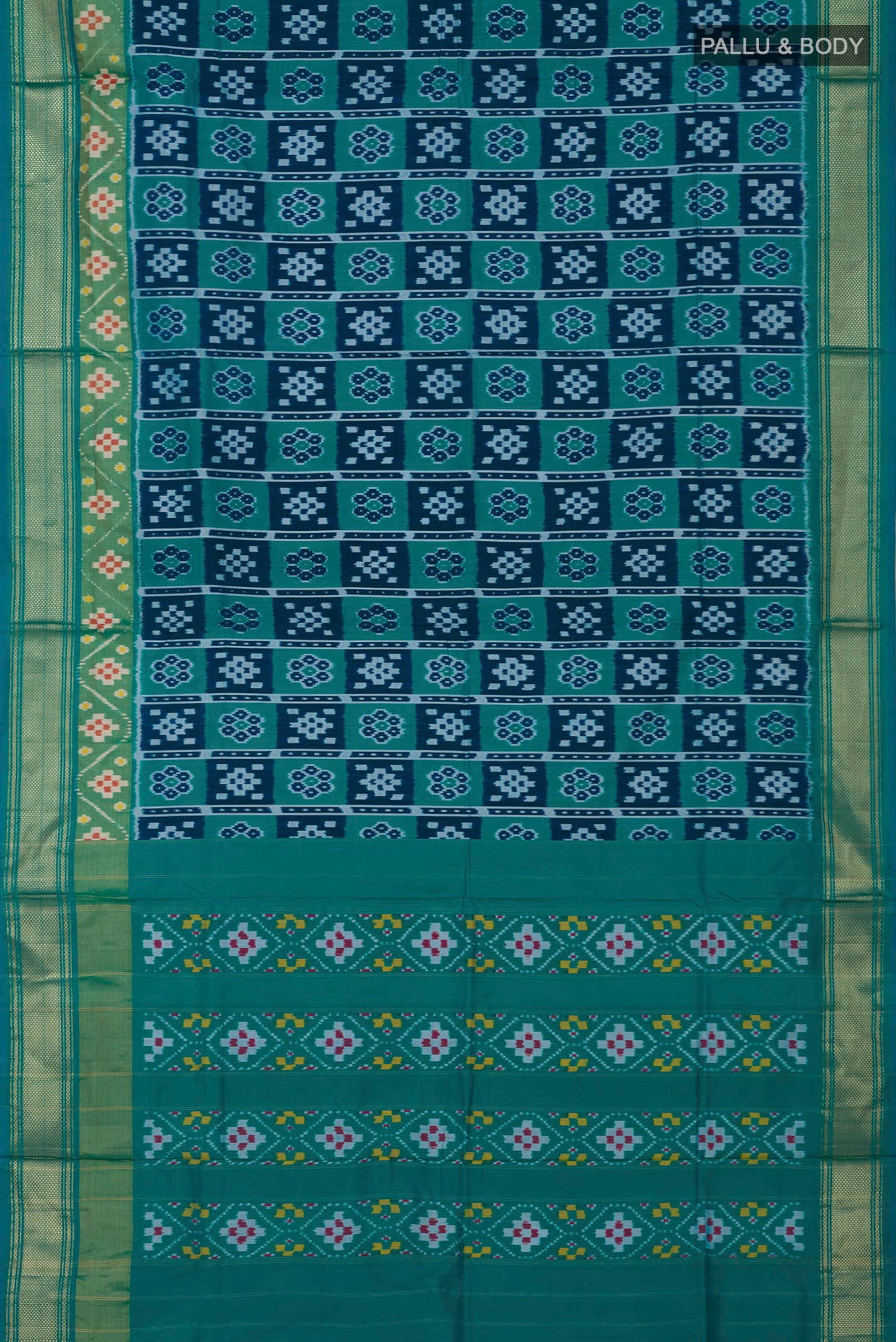 Flat view of Green Pochampally Silk Saree with Ikat design on the body and Zari Border. 