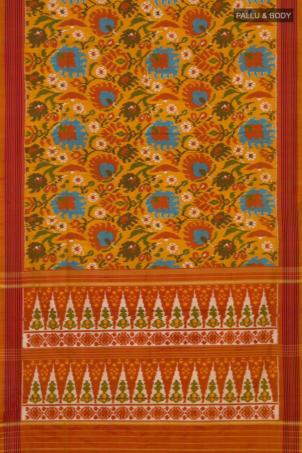 Flat view of Mustard Pochampally Silk Saree with Ikat design on the body and Plain Border. 