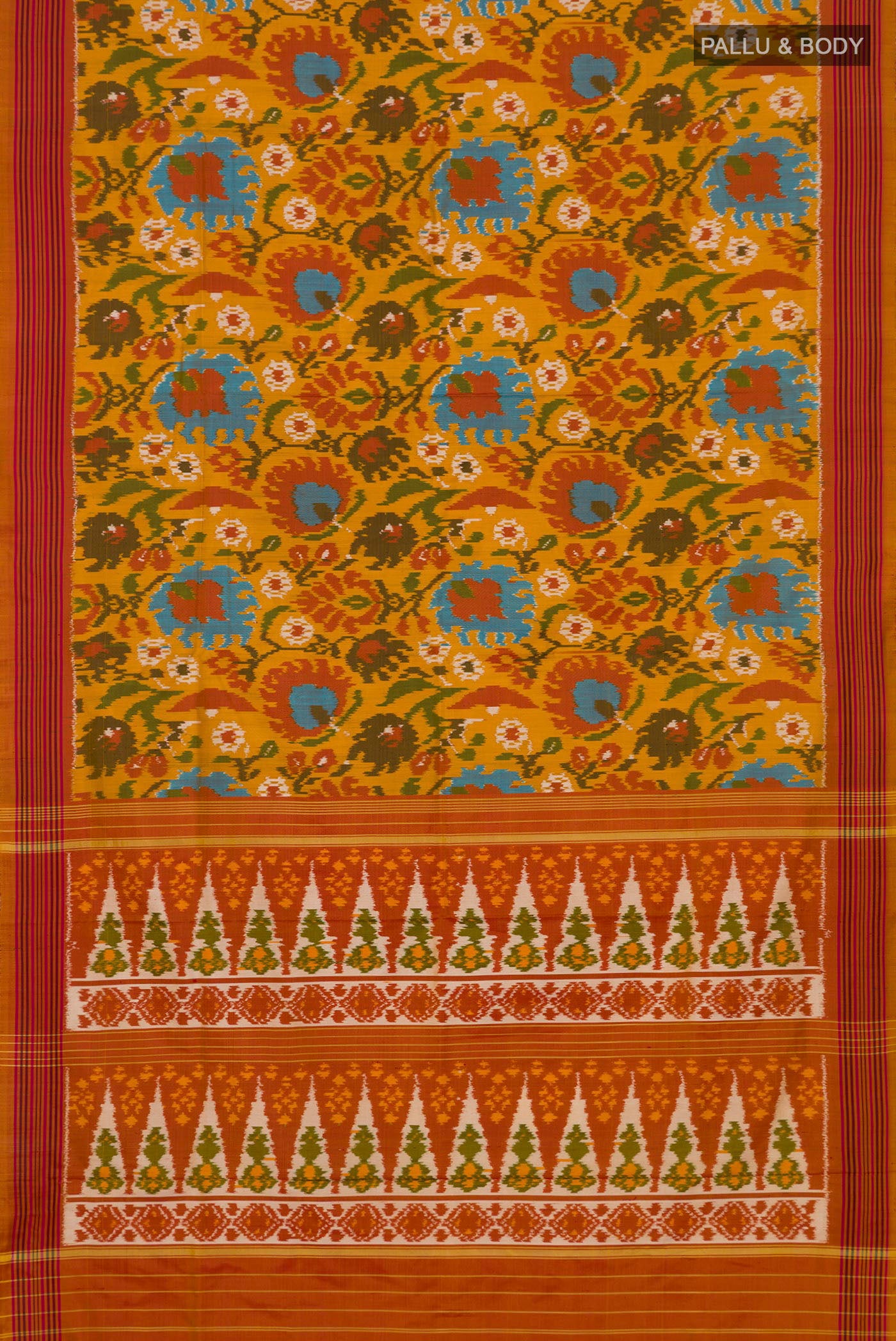 Flat view of Mustard Pochampally Silk Saree with Ikat design on the body and Plain Border. 