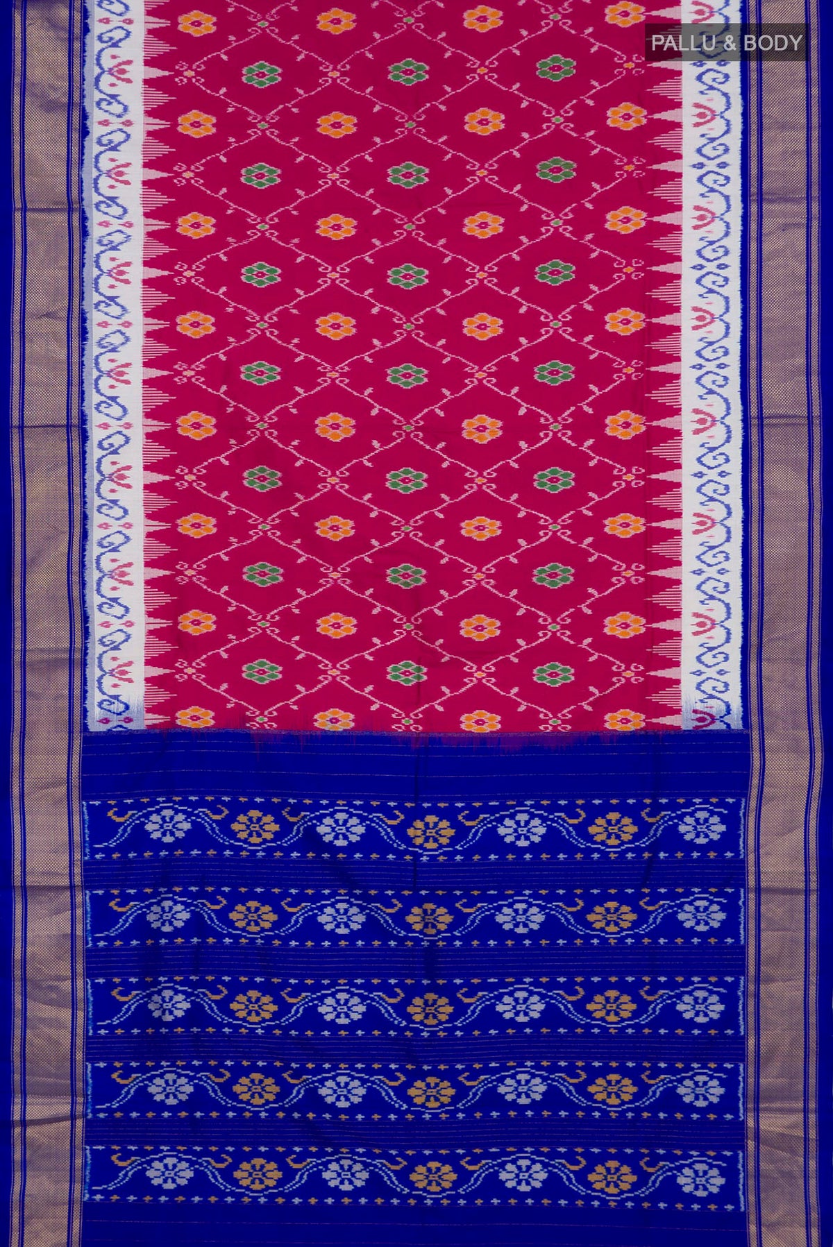 Flat view of Pink Pochampally Silk Saree with Ikat design on the body and Zari Border. 