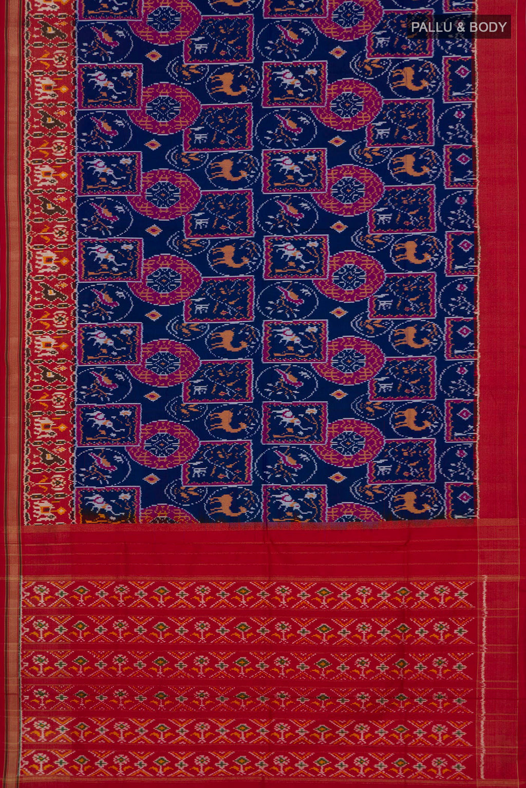 Flat view of Blue Pochampally Silk Saree with Ikat design on the body and Zari Border. 