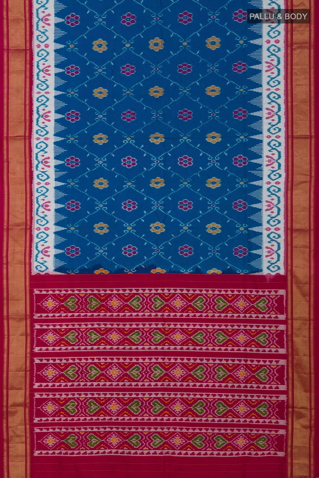 Flat view of Blue Pochampally Silk Saree with Ikat design on the body and Zari Border. 