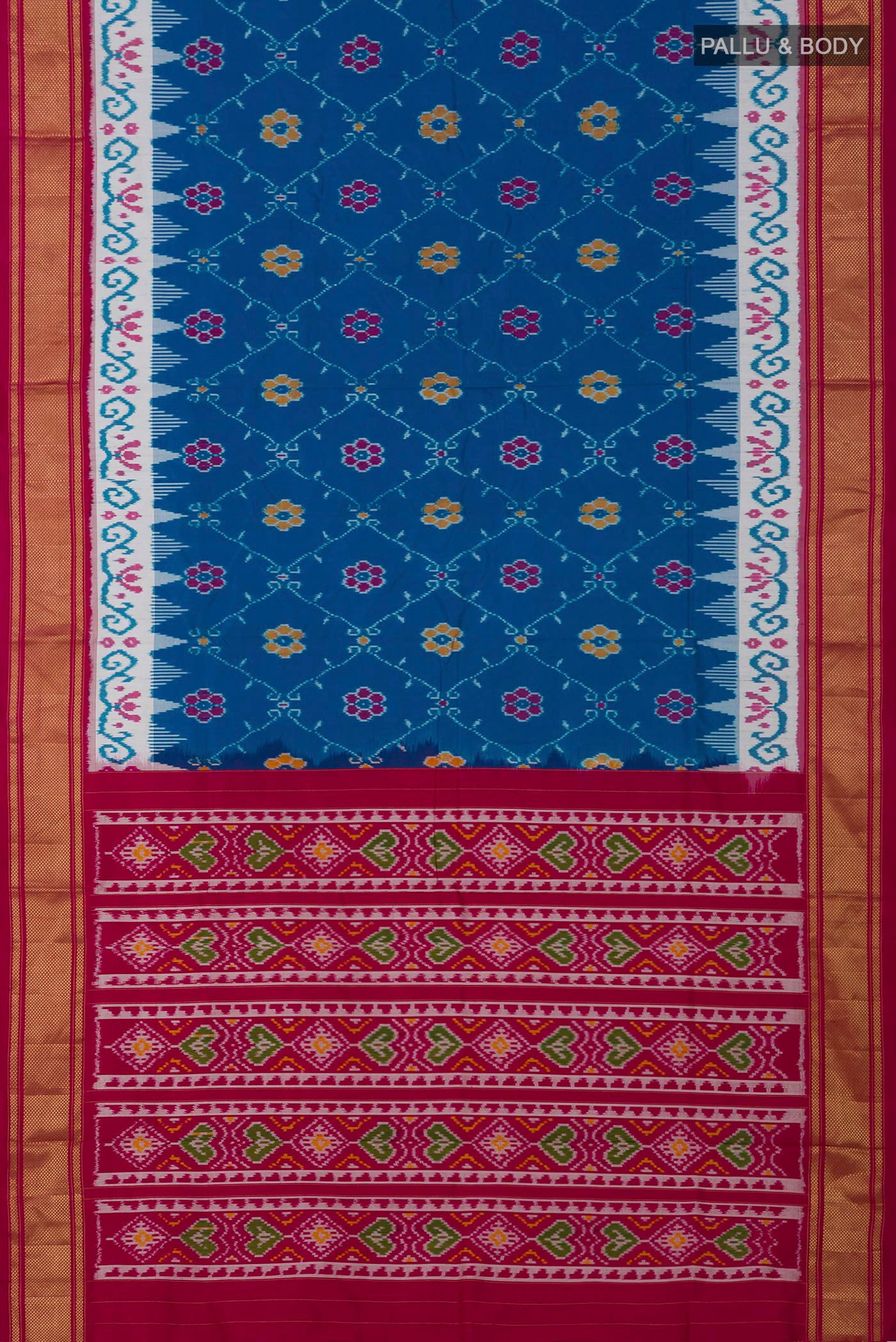 Flat view of Blue Pochampally Silk Saree with Ikat design on the body and Zari Border. 