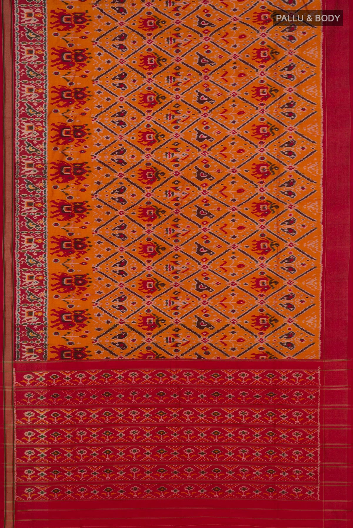 Flat view of Pure Silk Orange Pochampally Saree with Ikat design on the body and Zari Border. 