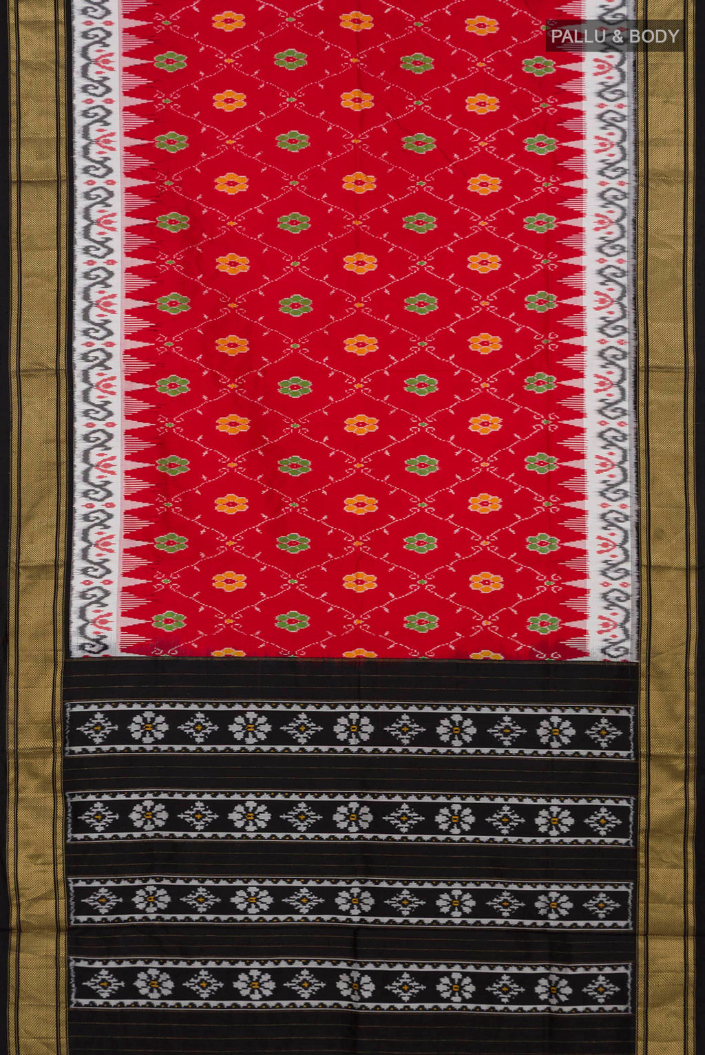 Flat view of Red Pochampally Silk Saree with Ikat design on the body and Zari Border. 
