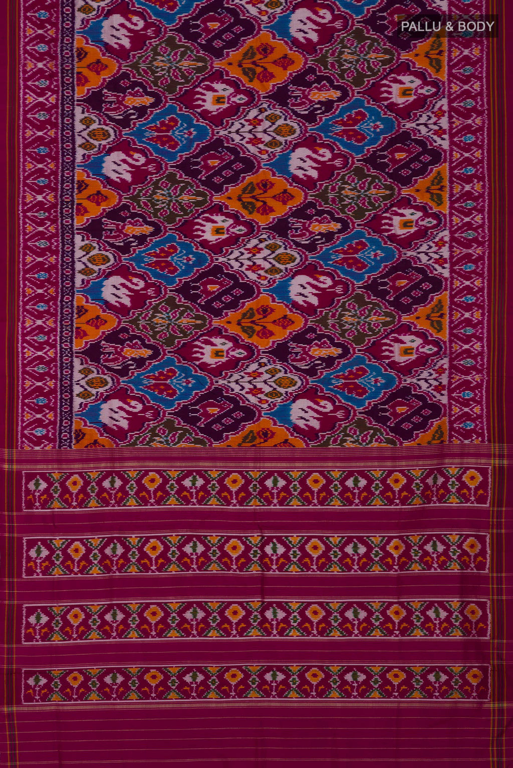 Flat view of Purple Pochampally Saree with Ikat Print on the body and Ikat Border. 