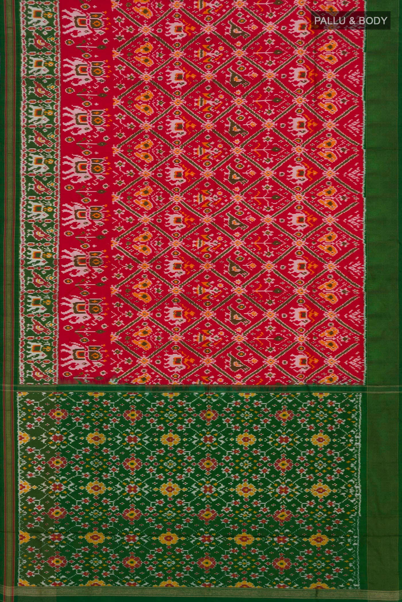 Flat view of Red Pochampally Silk Saree with Ikat design on the body and Zari Border. 