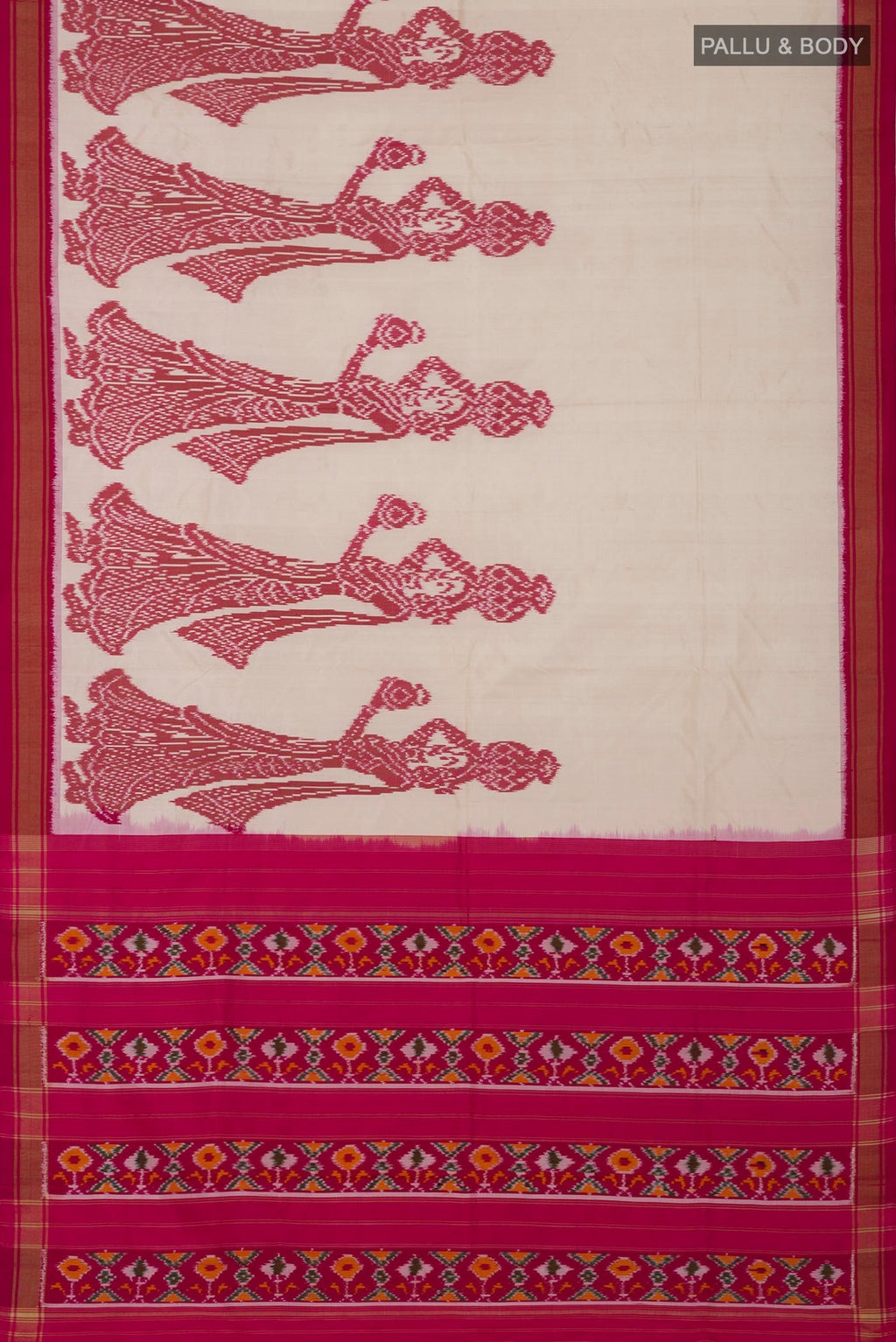 Flat view of Off White Pochampally Silk Saree with Ikat design on the body and Zari Border. 