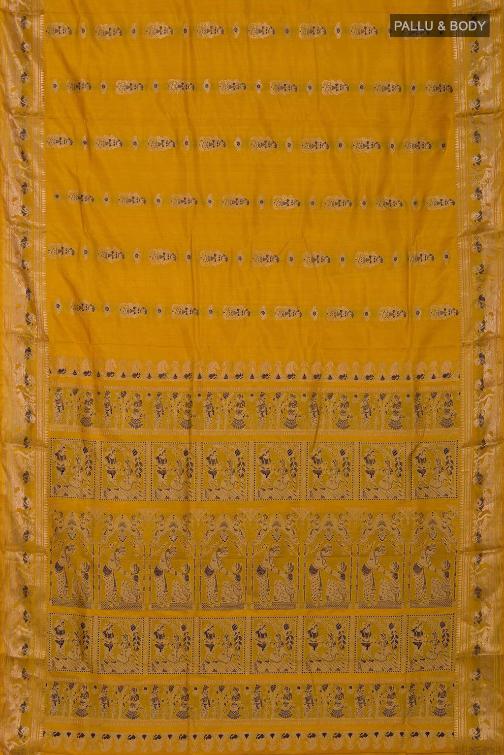 Flat view of Yellow Baluchari Silk Saree with Zari Butta on the body and Zari Border. 