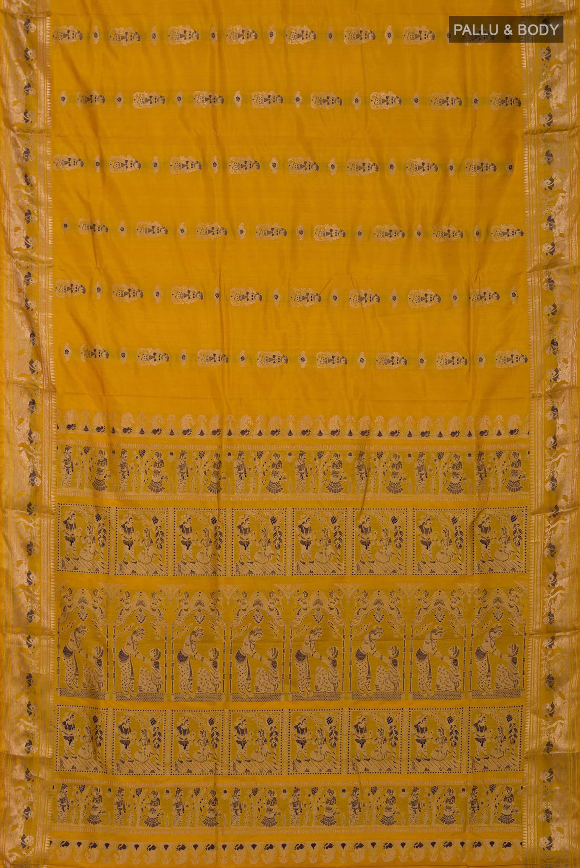Flat view of Yellow Baluchari Silk Saree with Zari Butta on the body and Zari Border. 