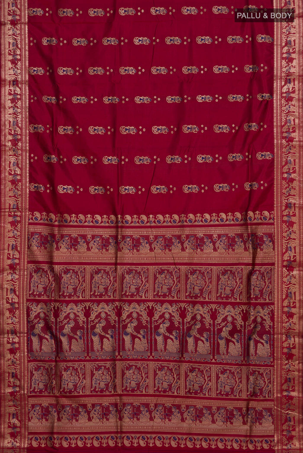Flat view of Pure Silk Maroon Baluchari Saree with Zari And Thread Butta on the body and Fancy Border. 