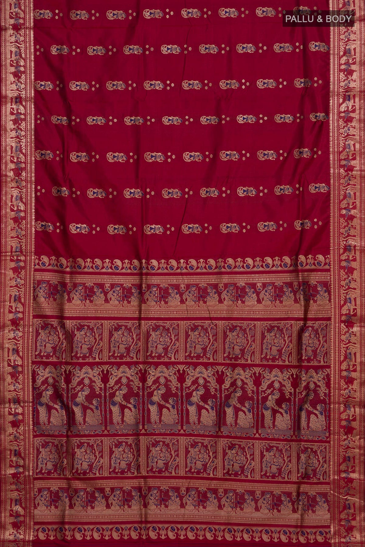 Flat view of Pure Silk Maroon Baluchari Saree with Zari And Thread Butta on the body and Fancy Border. 