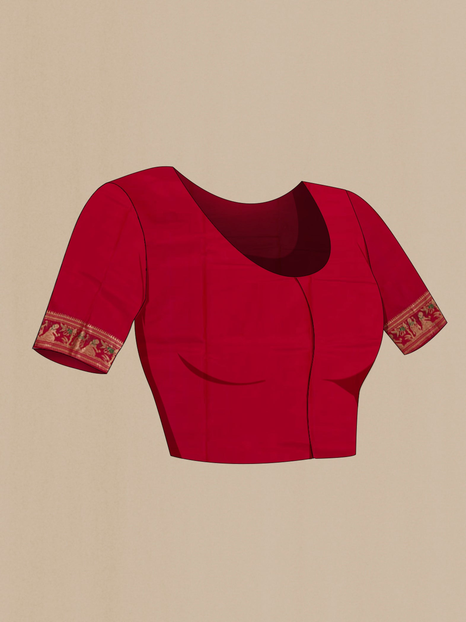 Close up image of the blouse of Red Baluchari Silk Saree with Zari And Thread Butta on the body and Zari Border. 