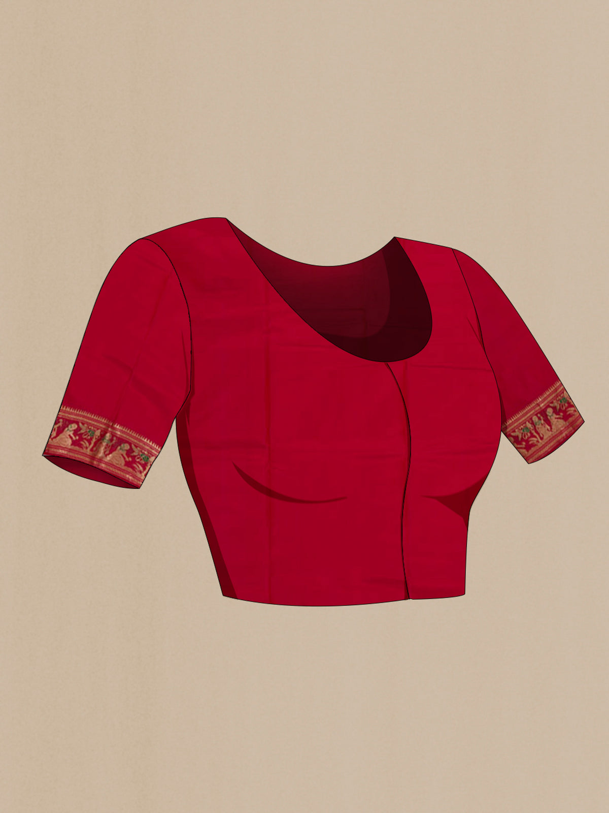 Close up image of the blouse of Red Baluchari Silk Saree with Zari And Thread Butta on the body and Zari Border. 