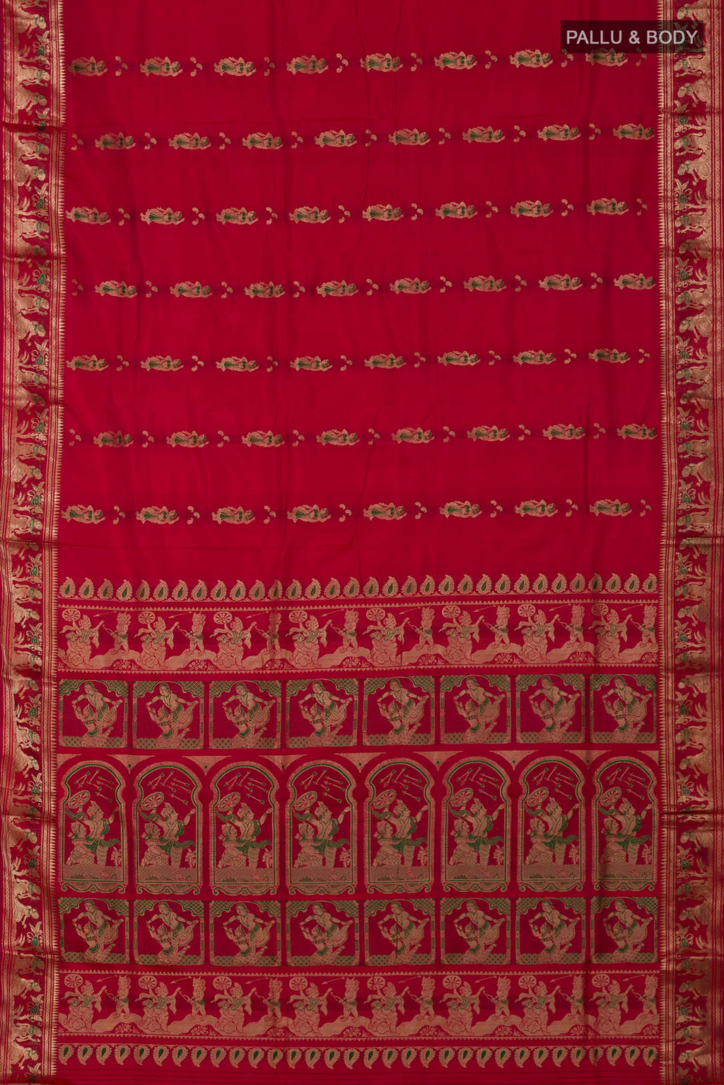 Flat view of Red Baluchari Silk Saree with Zari And Thread Butta on the body and Zari Border. 