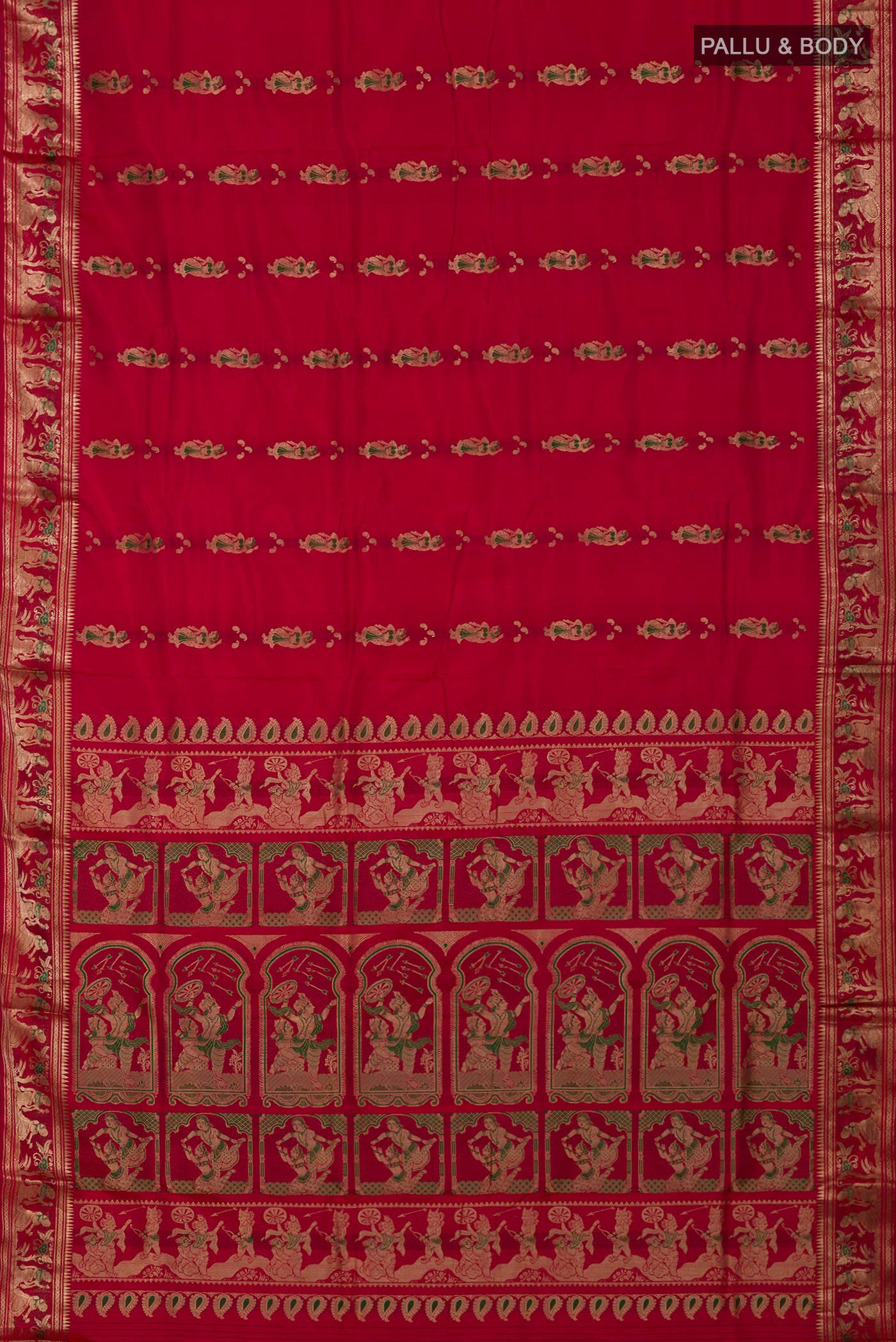 Flat view of Red Baluchari Silk Saree with Zari And Thread Butta on the body and Zari Border. 