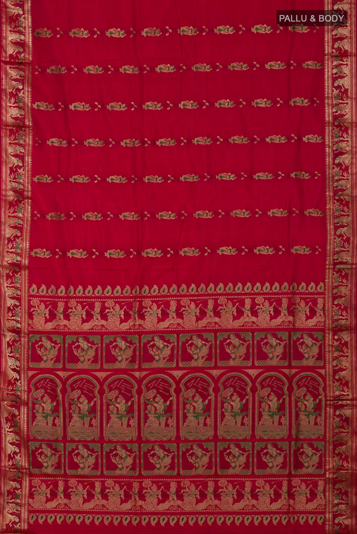 Flat view of Red Baluchari Silk Saree with Zari And Thread Butta on the body and Zari Border. 