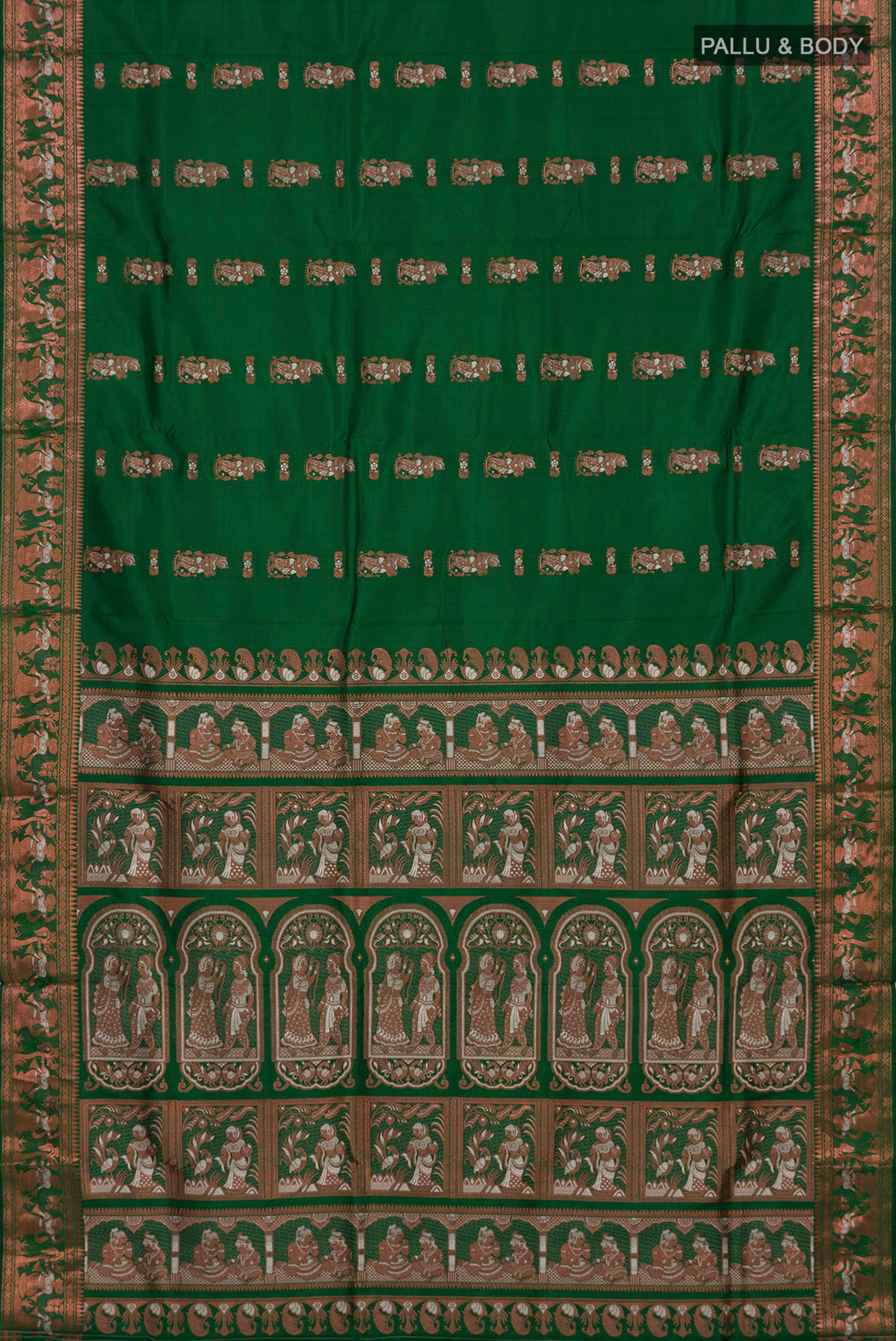 Flat view of Green Baluchari Silk Saree with Zari And Thread Butta on the body and Zari Border. 
