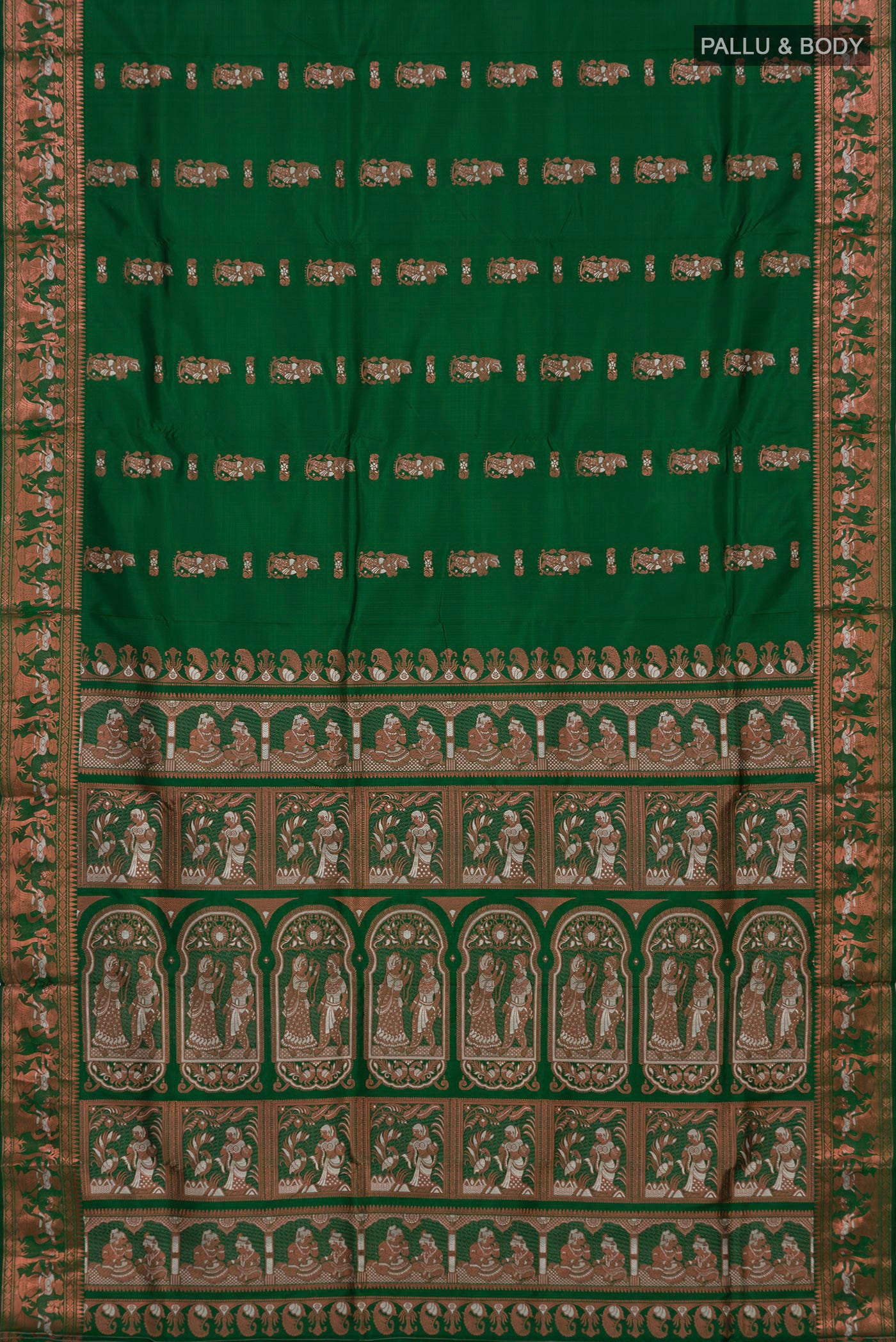 Flat view of Green Baluchari Silk Saree with Zari And Thread Butta on the body and Zari Border. 